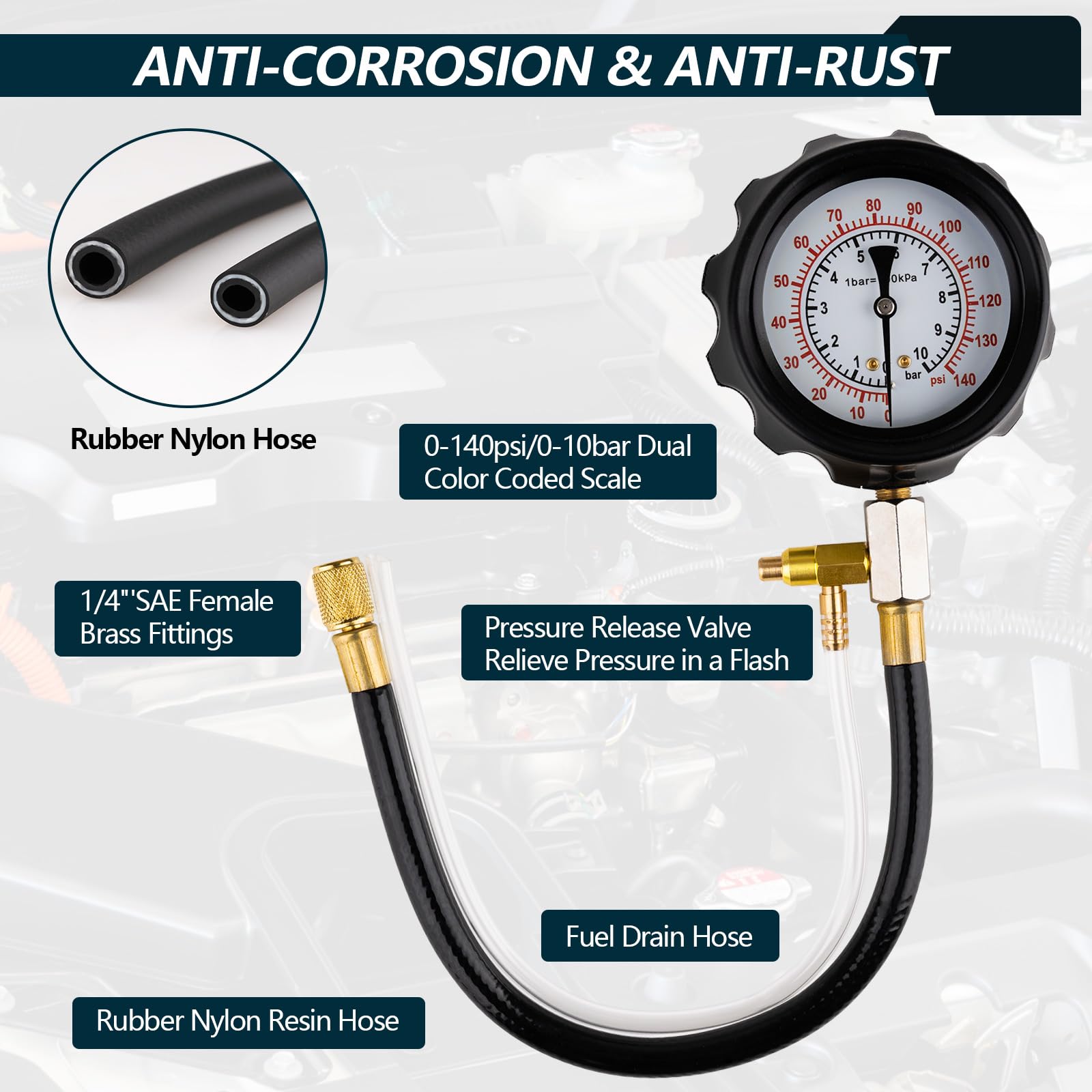 0-140PSI Fuel Pressure Tester Kit, Fuel Injector Injection Pump Pressure Gauge, Fuel Pump Pressure Tester Diagnostic Tool for Gasoline Cars, Trucks, Motorcycles and RVs