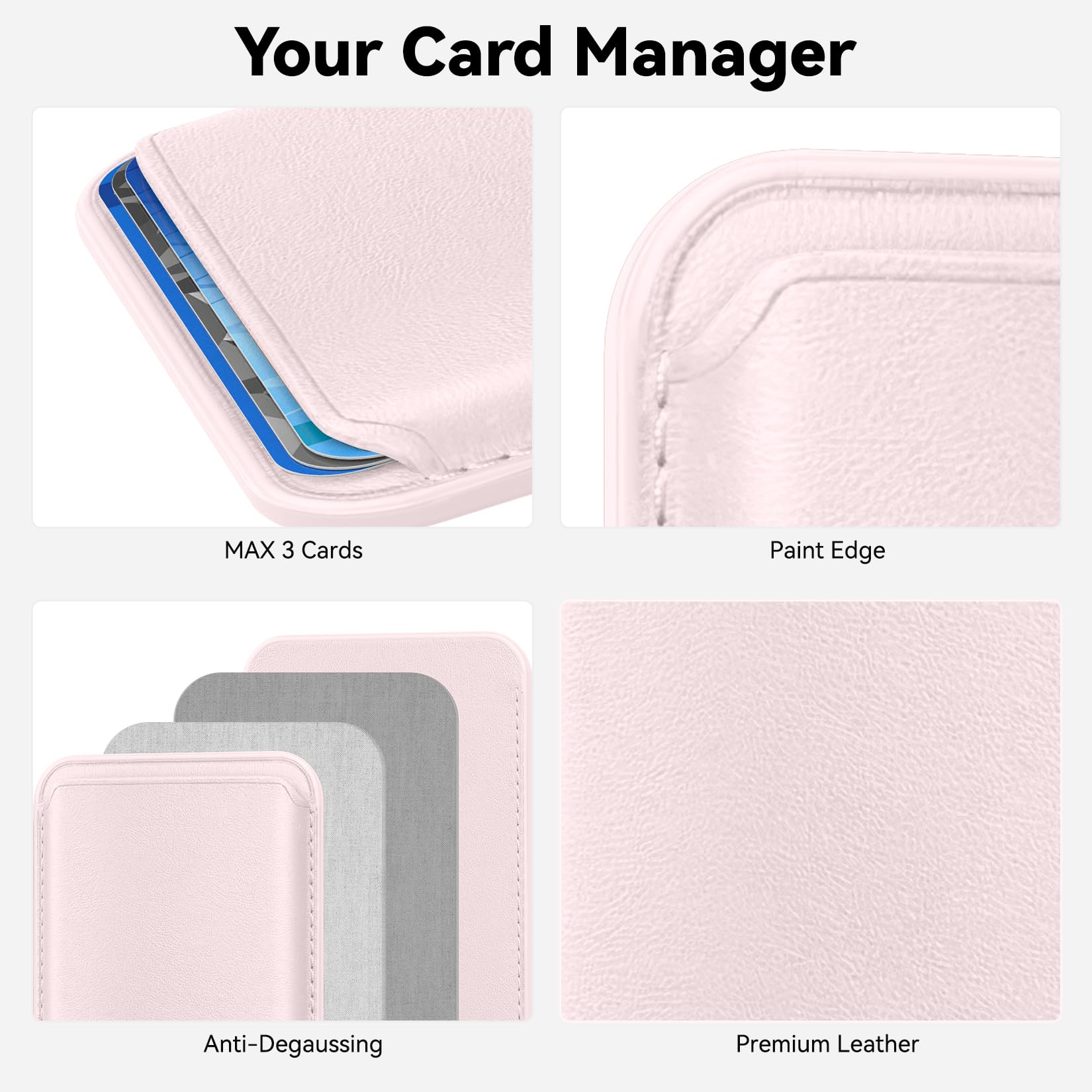 Amzone Magnetic Mag-safe Wallet Cell Phone Card Holder for Phone Case with Mag-Safe, Stronger Magnetic RFID Leather Phone Wallet Stick on Series of iPhone 15/14/13/12 and Pro/Promax, Light Pink
