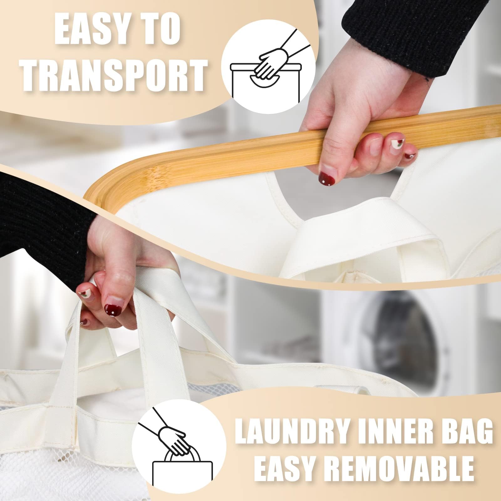 Laundry Basket with Lid, 145L Extra Large Laundry Hamper 3 Section Dirty Clothes Hampers for Laundry with Removable Laundry Bags, Laundry Sorter for Bedroom, Laundry Room, Beige