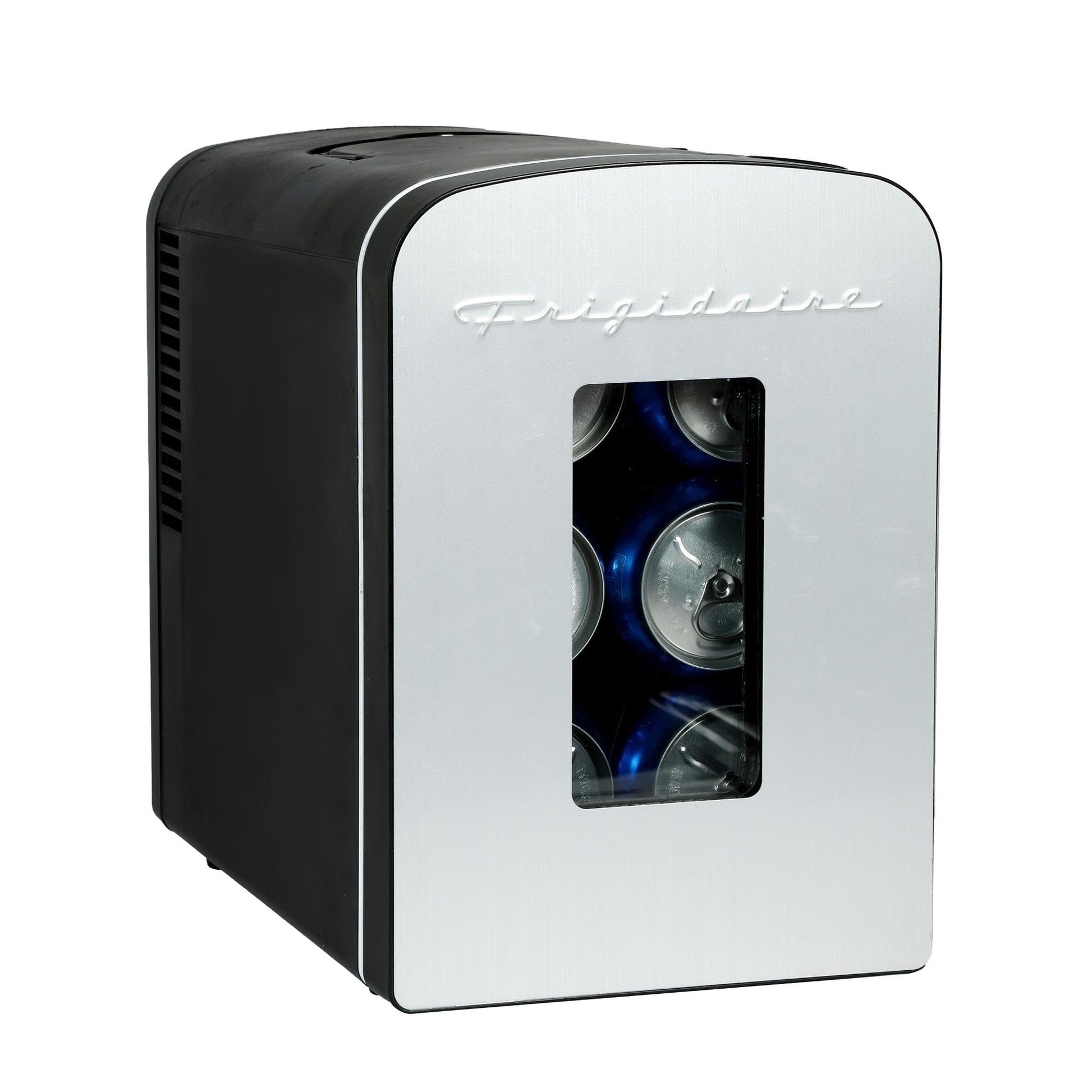 Frigidaire Portable 9-Can Mini Cooler Fridge, 5L, Brushed Stainless Rugged, Window, EFMIS189-SS, Clear Door, Glass