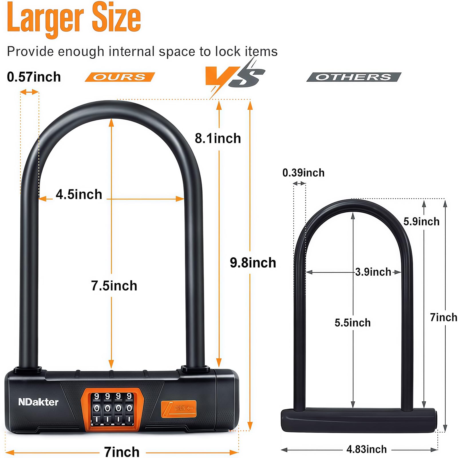 NDakter Bike Locks Heavy Duty Anti Theft, Combo Bike U Lock, 4-Digit Resettable Combination Bicycle Lock, Large U Shaped Ebike Lock with 5Ft Steel Cable for Electric Bike, Escooter, Motorcycle,Door