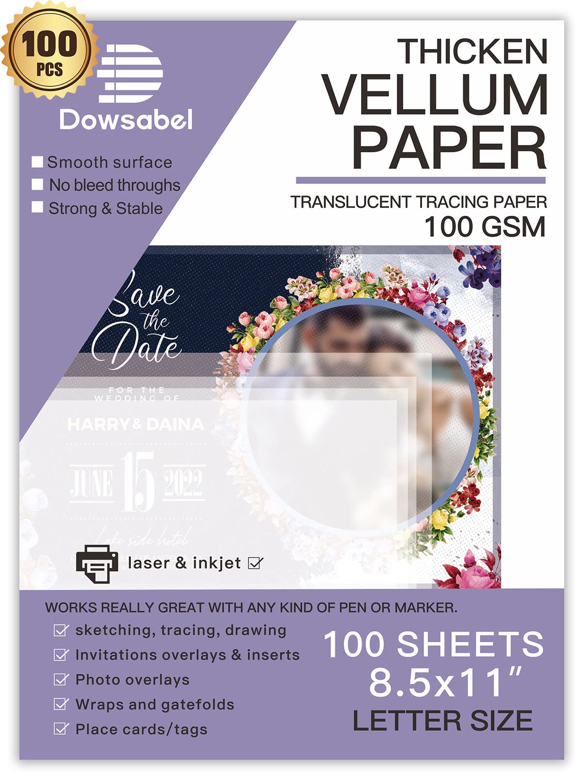 Durchscheinendes Pergamentpapier, Dowsabel 100 g/m² 21,6 x 27,9 cm bedruckbares Pergament für Kartenauflagen, Einladungs-Bauchbinden, Umschläge, Laternen, 50 Blatt