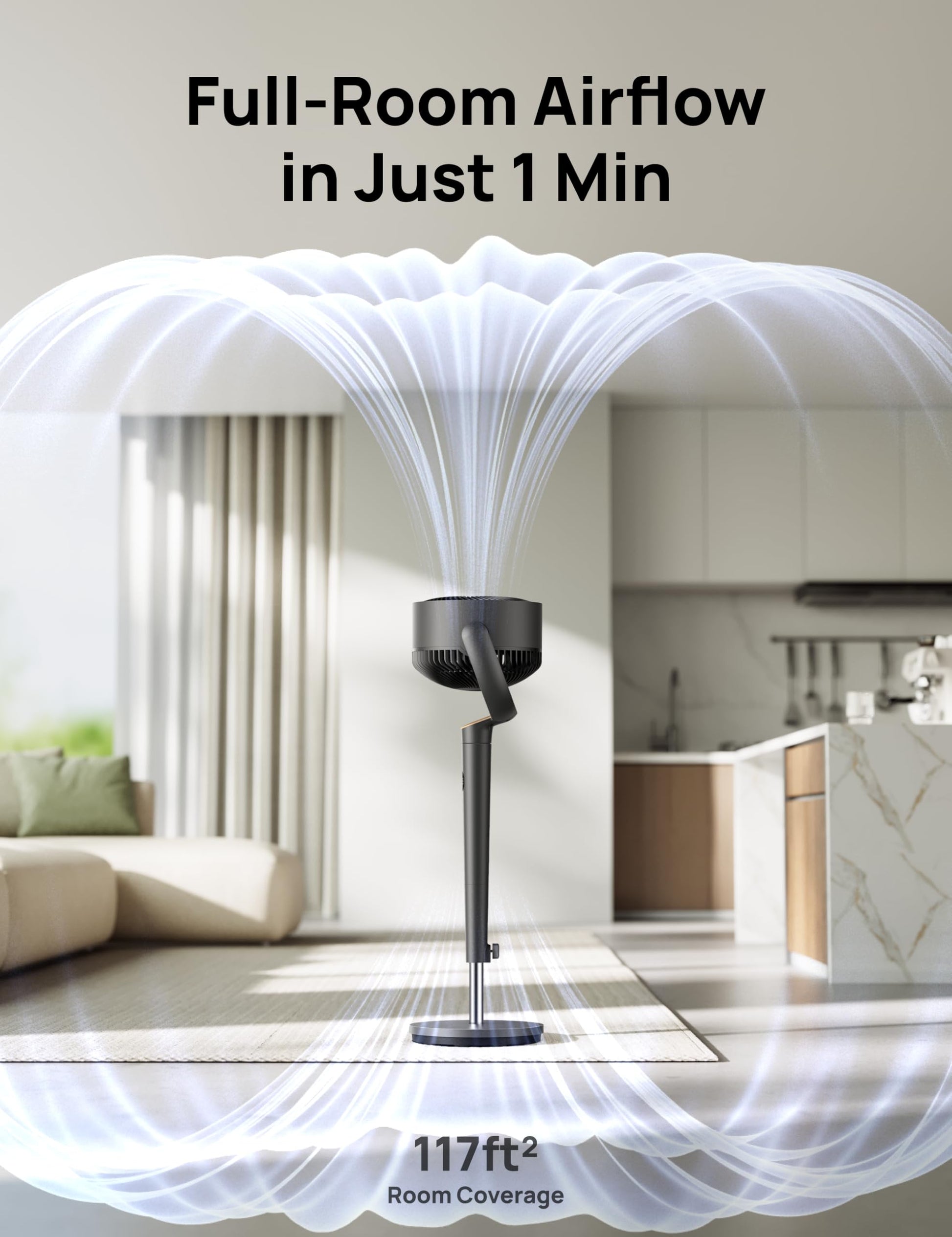 Dreo Fan for Bedroom, 120° Oscillating Standing Fans, Quiet Floor Fan with DC Motor, 100ft Pedestal Fans for Room, 9 Speeds, 4 modes, 20dB, 120° Manual Vertical, 37-42" Adjustable Height, 9H Timer
