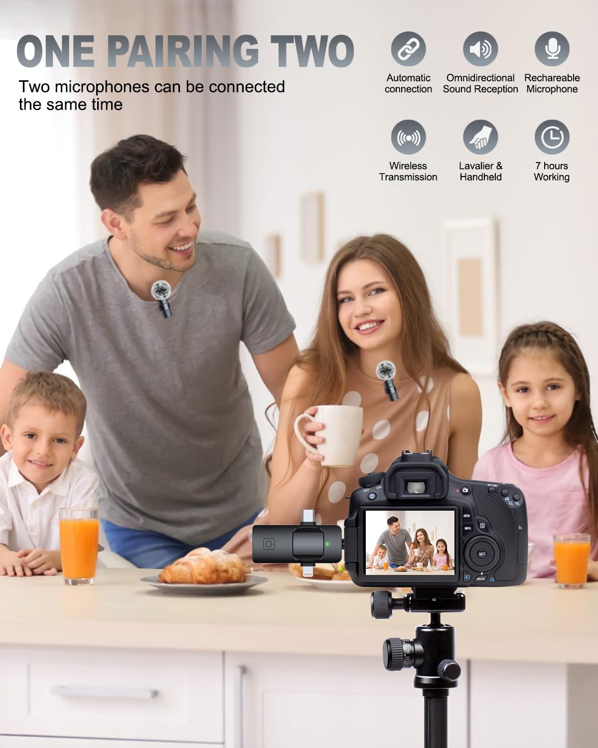 PQRQP 3 in 1 Professional Wireless Lavalier Microphone for iPhone, Android, Camera, Wireless Microphones, Mini Microphone, Crystal Clear Sound Quality for Recording, Live Streaming, YouTube, TikTok