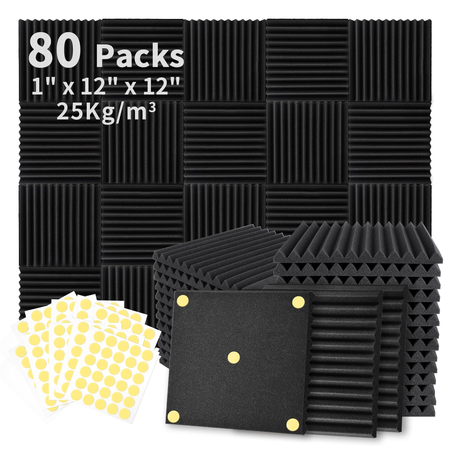 Focusound 50 Pack Acoustic Foam Panels 1" x 12" x 12" Sound Proof Foam Panles Soundproofing Noise Cancelling Wedge Panels for Home Office Recoding Studio with 300PCS Double-Side Adhesive