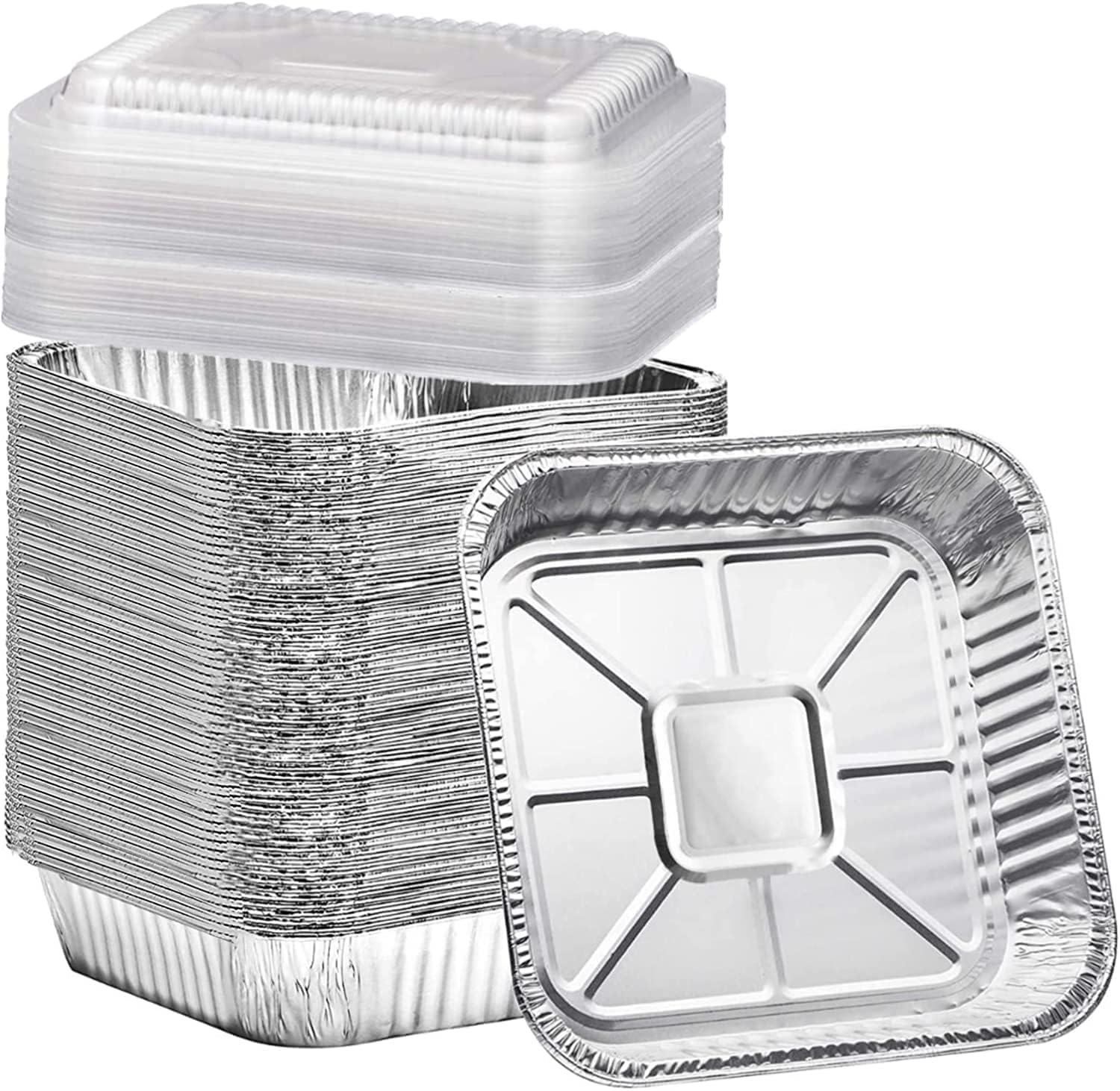 (35 Pack) 8x8 Square Aluminum Baking Cake Pans with Clear Plastic Lids - Foil Pans with Lids - Disposable Food Containers Great for Cooking, Heating, Storing, Prepping Food