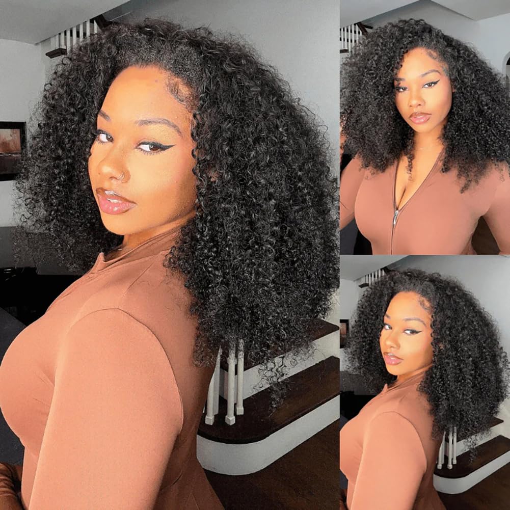 QUANDIAN Kinky Curly Half Wig Human Hair 200% Density Wear Go Glueless Wigs Human Hair 20 Inch Curly 3 In 1 Half Wigs for Women Drawstring Seamless Flip Headband Wig Beginner Friendly