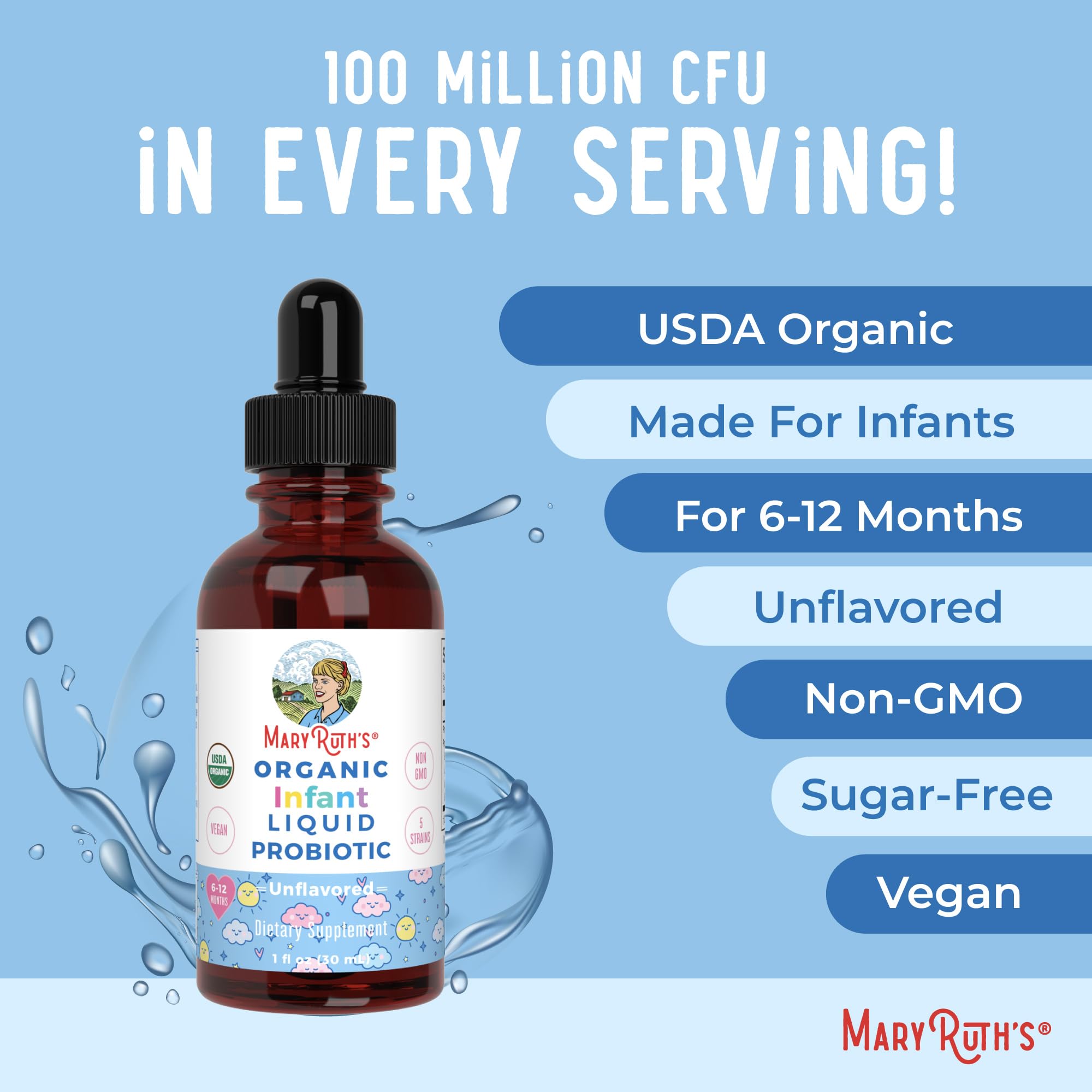 MaryRuth Organics USDA Organic Infant Liquid Probiotic Drops | Baby Essentials | Probiotics for Infants | Baby Probiotic Drops | Proprietary Probiotic Blend | Vegan | Non GMO | 125 Servings