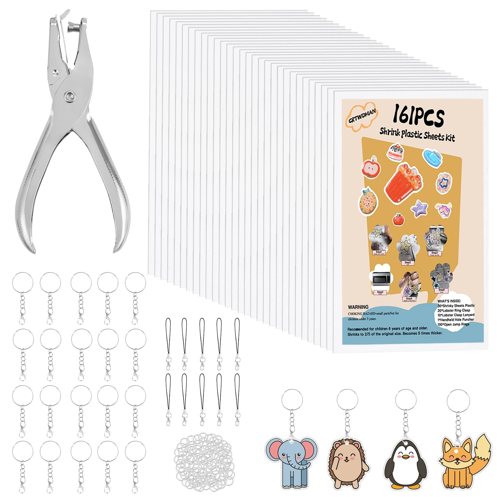 161 Pcs Shrink Paper Keychain Kit,with 30 Pcs Shrinky Plastic Sheets 7.9"x5.7",Hole Punch,Lobster Clasps,Jump Rings DIY Crafts for Adults and Teens