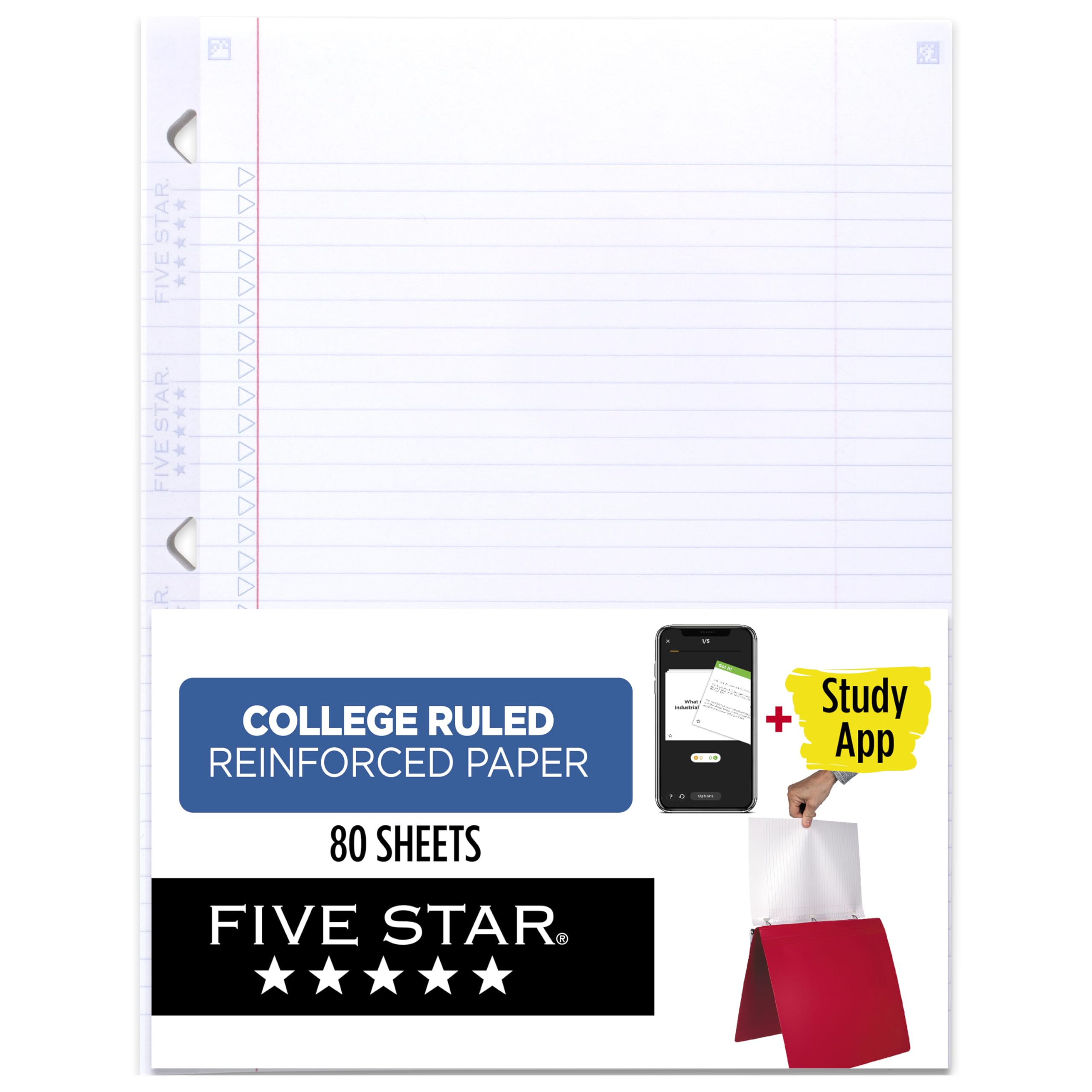 Five Star Collegeblock-Papier + Lern-App, liniert, verstärkt, kein Durchbluten der Tinte, 21,6 x 27,9 cm, 80 Blatt (170102)