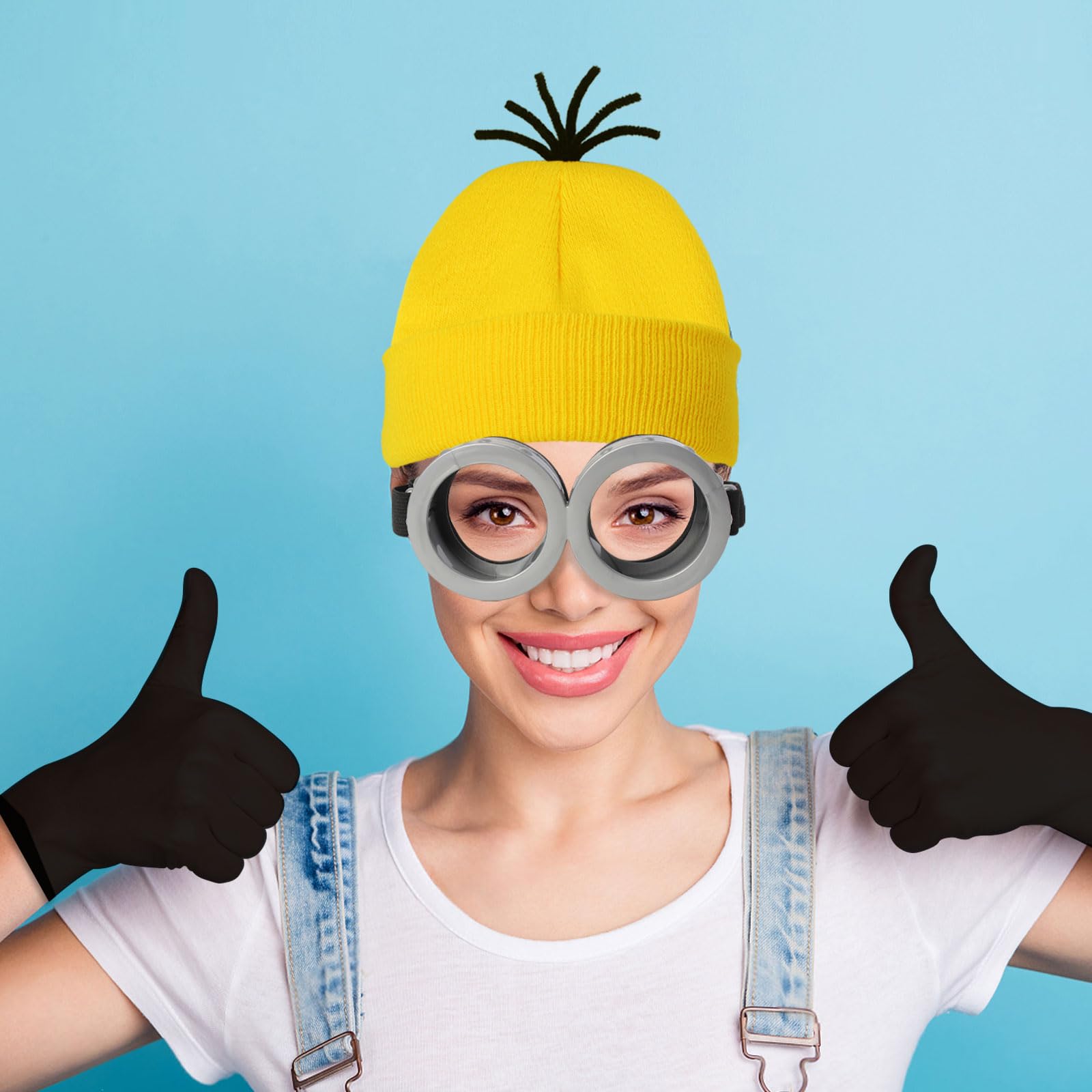 HEYFIZZ 3 Pcs Halloween Costume Accessories Adult,Goggles Glasses/Yellow Beanie/Gloves for Men Women Cosplay Party Set
