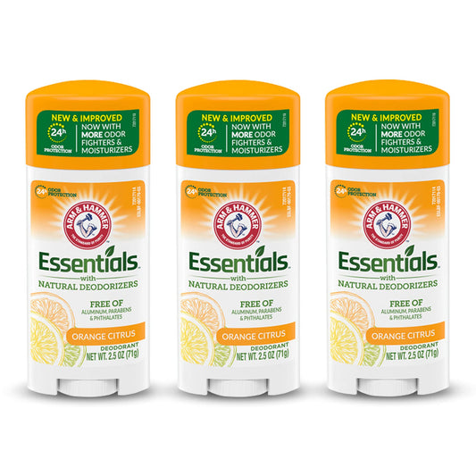 ARM & HAMMER Essentials Deodorant- Orange Citrus- Solid Oval - Made with Natural Deodorizers- Free From Aluminum, Parabens & Phthalates, 2.5 oz (Pack of 3)