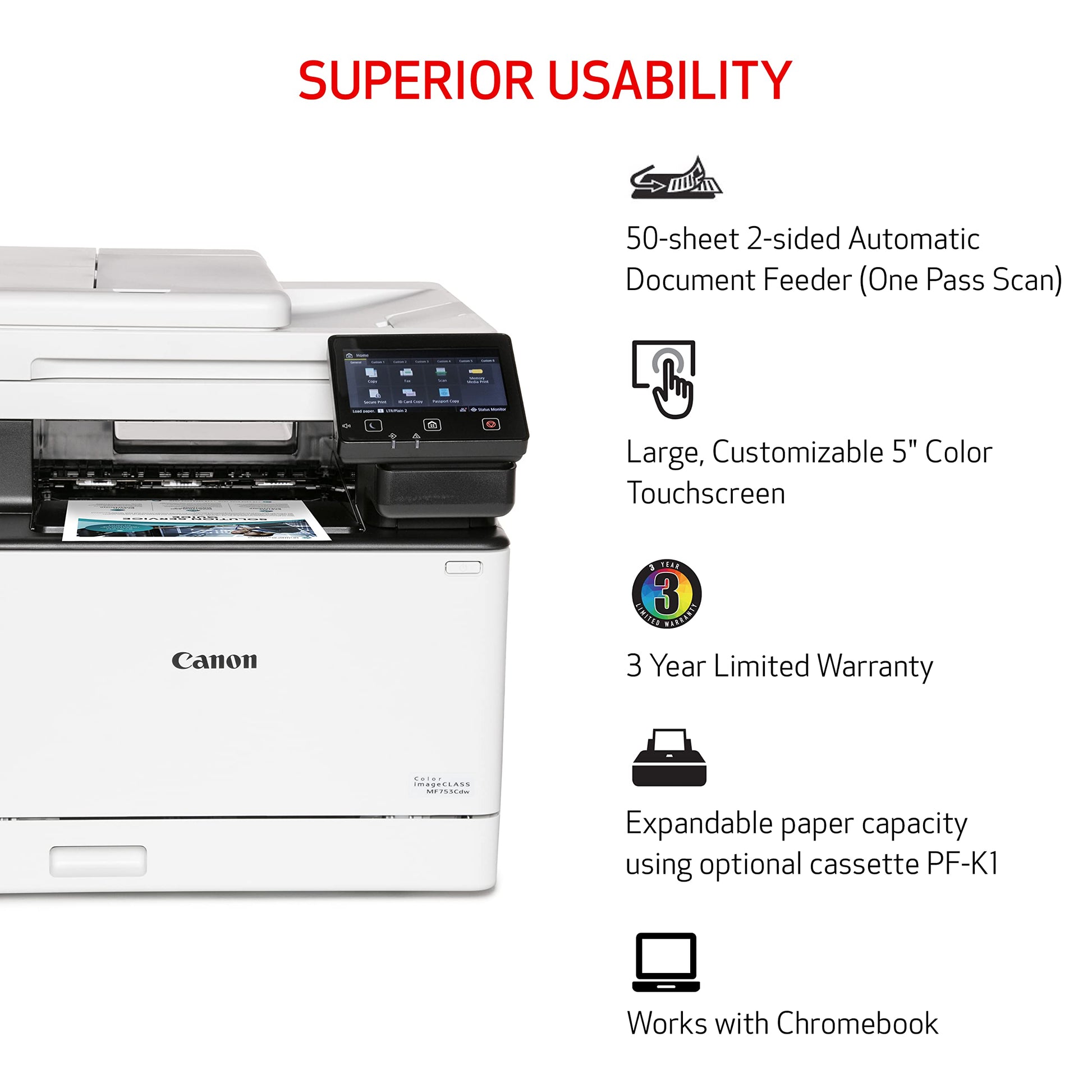 Canon imageCLASS MF753Cdw - Wireless Duplex Color Laser Printer, All-In-One with Scanner, Copier, Fax, Auto Document Feeder, Mobile Ready, 3 Year Limited Warranty, 35 PPM, White