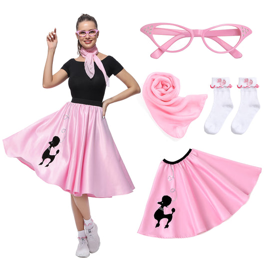 Rabtero Women Sock Hop Costume, Adult 1950s Poodle Dress Costume, 50's Poodle Skirt with Glasses, Scarf and Socks for Women 12-18, L/XL, Pink