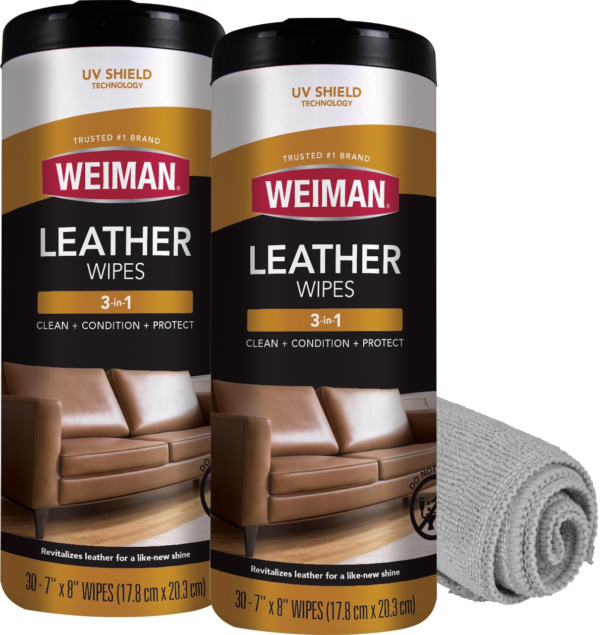 Weiman Leather Cleaner Wipes - Clean Condition UV Protection Help Prevent Cracking or Fading of Furniture, Car Interior, Couch, and Shoes, 2 Pack with Microfiber Cloth