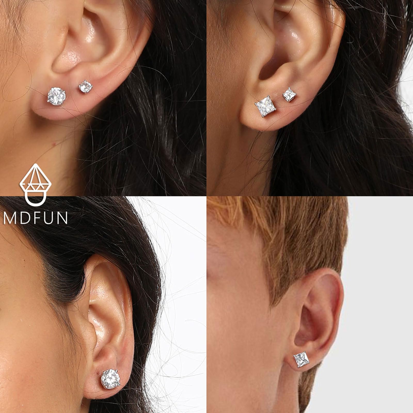 6 Pairs Earrings Set for Men 316L Stainless Steel 3/5/7mm CZ Round and Princess Square Ear Piercing Studs Hypoallergenic Jewelry (white)