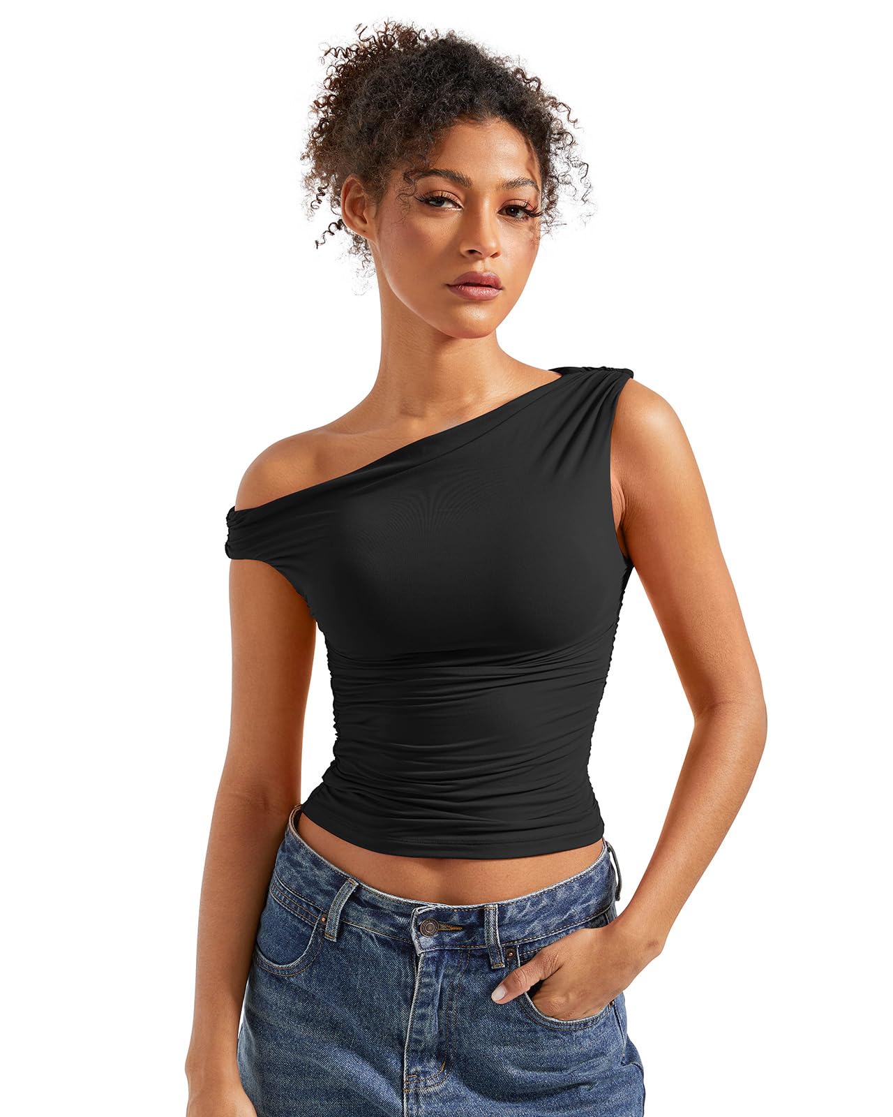 SUUKSESS Women Off Shoulder Tops Sleeveless Shirts Y2K Trendy Going Out Crop Tank Top (Black,M)