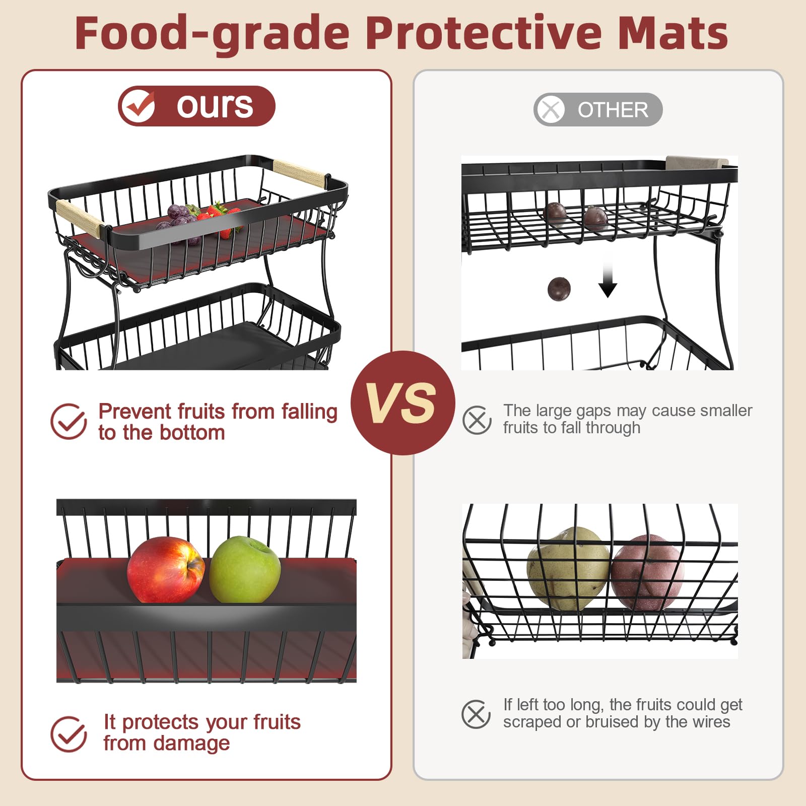 Sevenblue 2 Tier Fruit Basket for Kitchen Counter with 2 Mobile Banana Hangers, 2025 Pro Detachable Metal Fruit Bowl with Wooden Handle, Fruit Holder for Bread Snack Veggies with Protective Mats