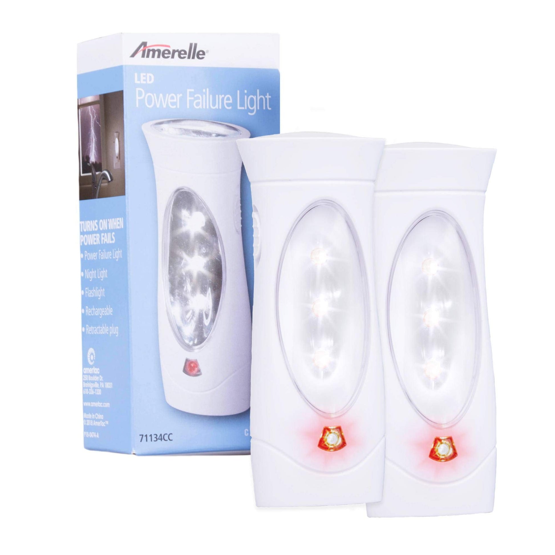 Amerelle LED Emergency Lights For Home Power Failure, 2 Pack Ã¢ÂÂ Triple Function Power Failure Light and Plug In Flashlight Combo, With Rechargeable Battery Ã¢ÂÂ Be Snow Storm & Hurricane Ready (71134)