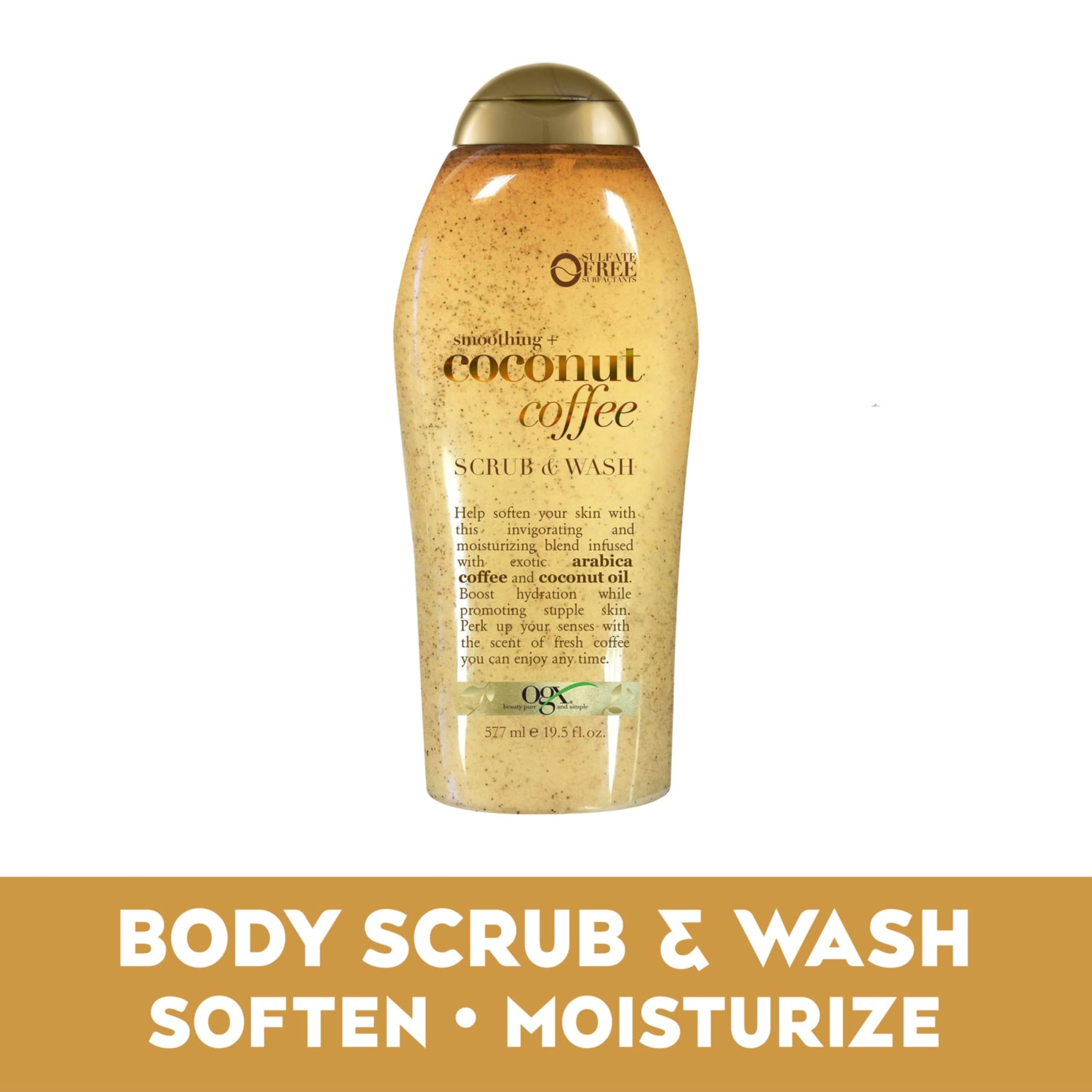 OGX Smoothing + Coconut Coffee Exfoliating Body Scrub with Arabica Coffee & Coconut Oil, Moisturizing Body Wash for Dry Skin, Paraben-Free with Sulfate-Free Surfactants, 19.5 Fl Oz