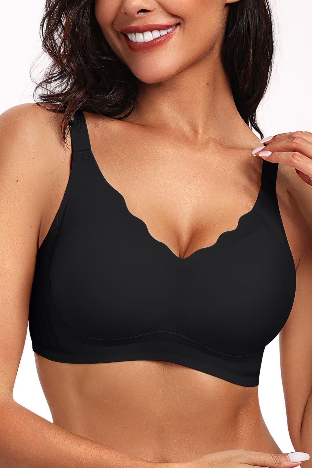 Vertvie Women's Seamless Bras No Underwire Scalloped Push Up Bras Soft Wireless Comfort Bralettes Full Coverage Everyday Bra (Black,Large)