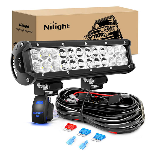 Nilight - ZH084 LED Light Bar 12Inch 72W Spot Flood Combo LED Off Road Lights 12V 5Pin Rocker Switch Wiring Harness Kit- One Lead, 2 Years Warranty