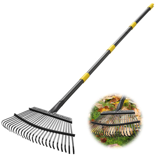 Rake - 65 Inch Long Garden Leaf Rake, 18 Inch Wide Heavy Duty Leaf Rake for Shrub with 25 Metal Tines,Yard Thatching Rake with Ergonomics Adjustable Handle for Picking Leaves,Grass Clippings Garbage