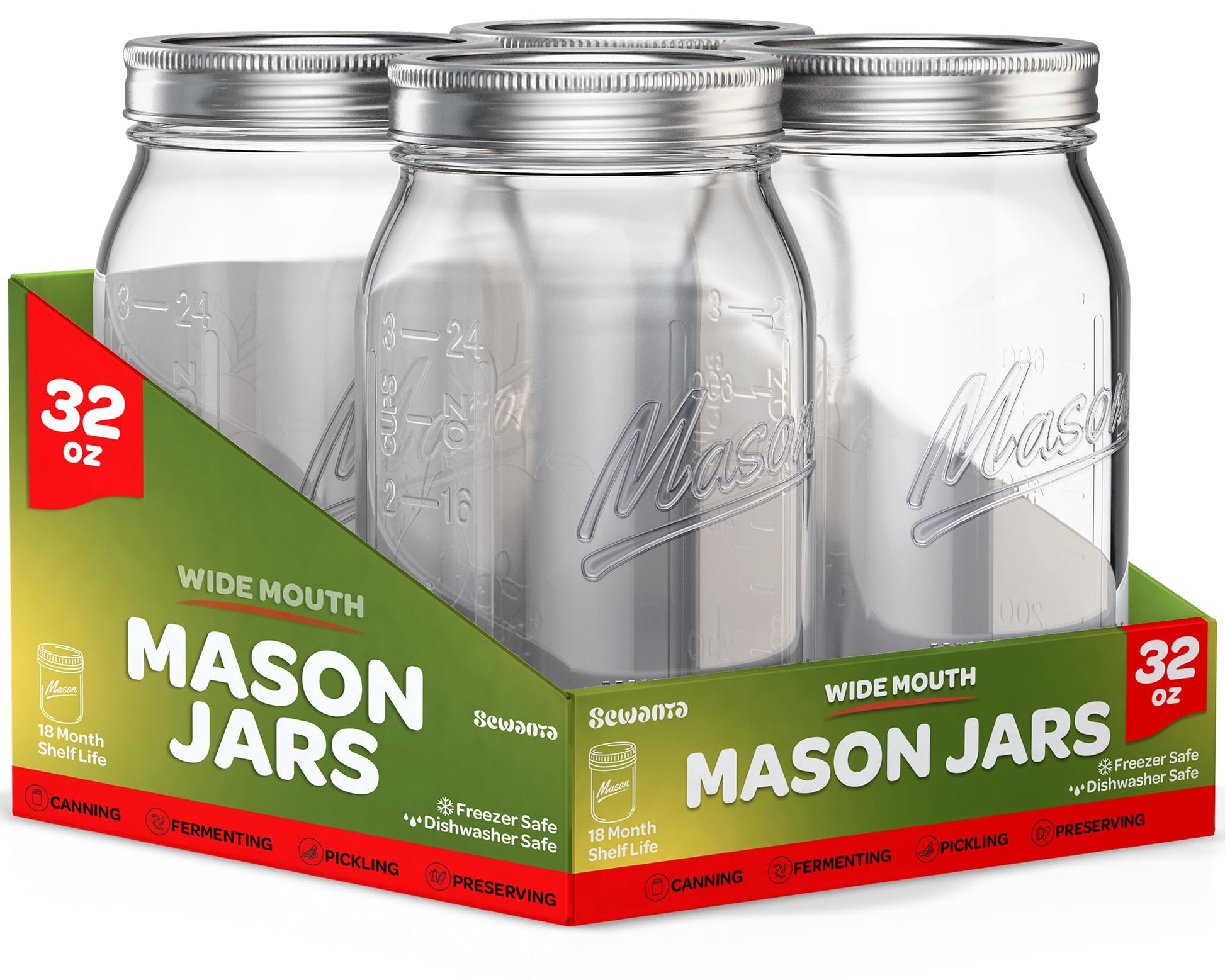 Wide Mouth Mason Jars 32 oz [4 Pack] With Mason Jar Lids and Bands, Mason Jars 32 oz - For Canning, Fermenting, Pickling - Jar Decor - Microwave/Freeze/Dishwasher Safe.