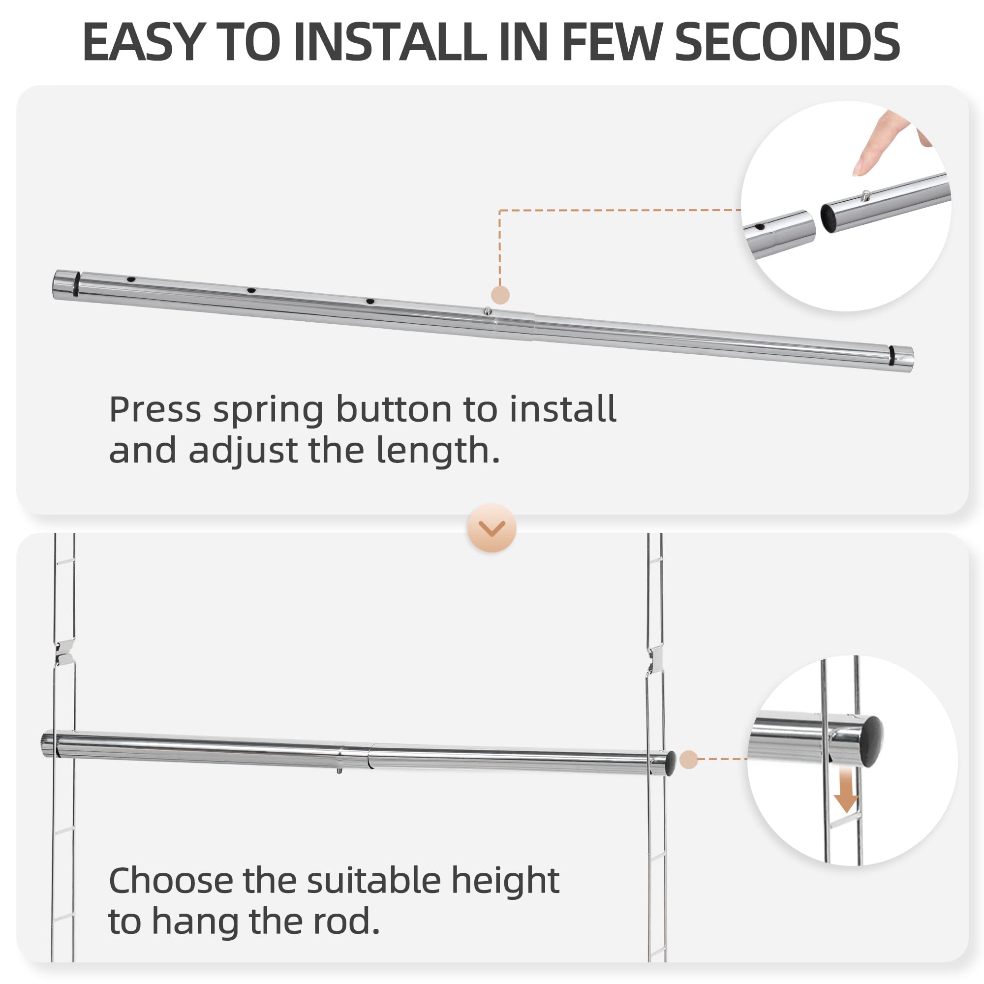 STORAGE MANIAC Hanging Closet Rod, Adjustable Width and Height Closet Hanging Organizer, Space-Saving Clothes Hanging Bar, Closet Extender Hanging Rod Double Closet Hanging Rod, 2 Pack Chrome