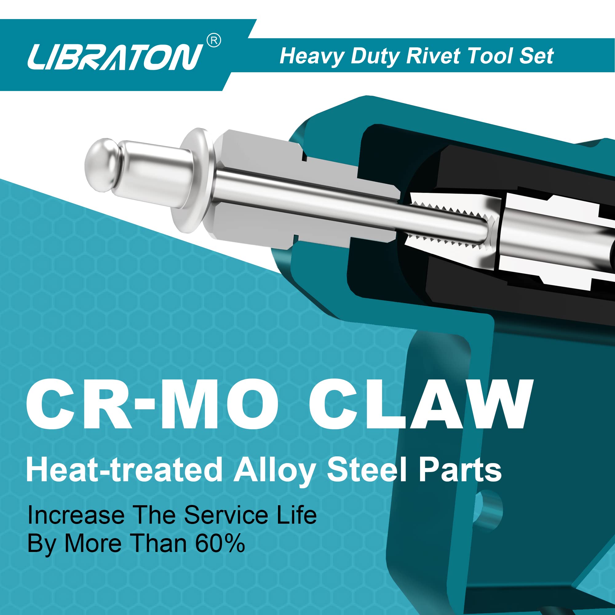 Libraton Heavy Duty Rivet Gun, Pop Rivet Gun Set, Professional Hand Riveter, Manual Riveting Tool with 110Pcs Rivets and 4 Interchangeable Heads, for Metal, Wood and Plastic