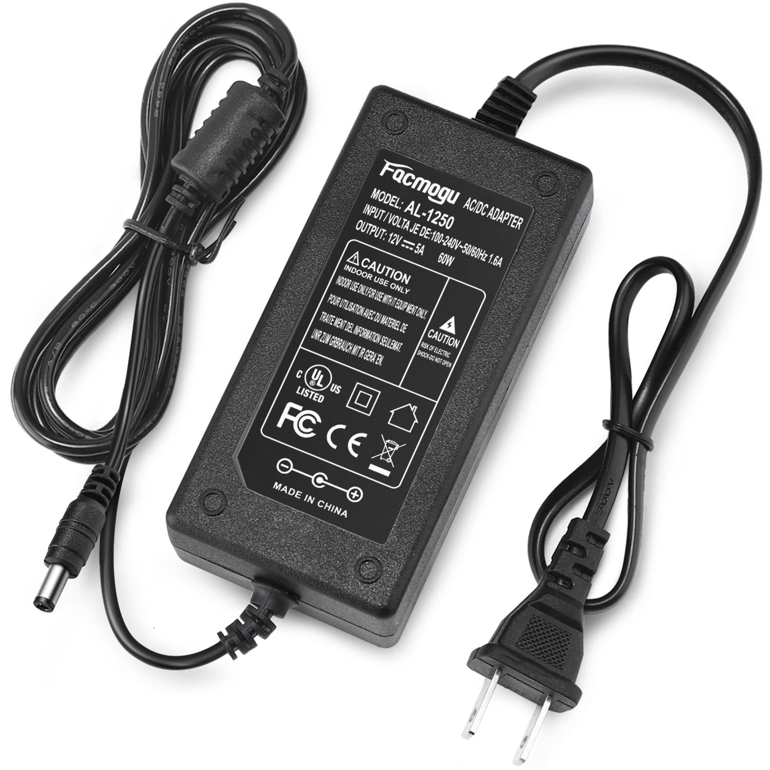 Facmogu 60W 12V 5A AC/DC Power Adapter, 100-240V AC to DC 12V 5A Power Suppy, 12 Volts 5 Amps AC DC Table Top Adapter, 60 Watts 12V 5A Switching Power Adaptor Converter, 5.5x2.5mm & 5.5x2.1mm DC Plug