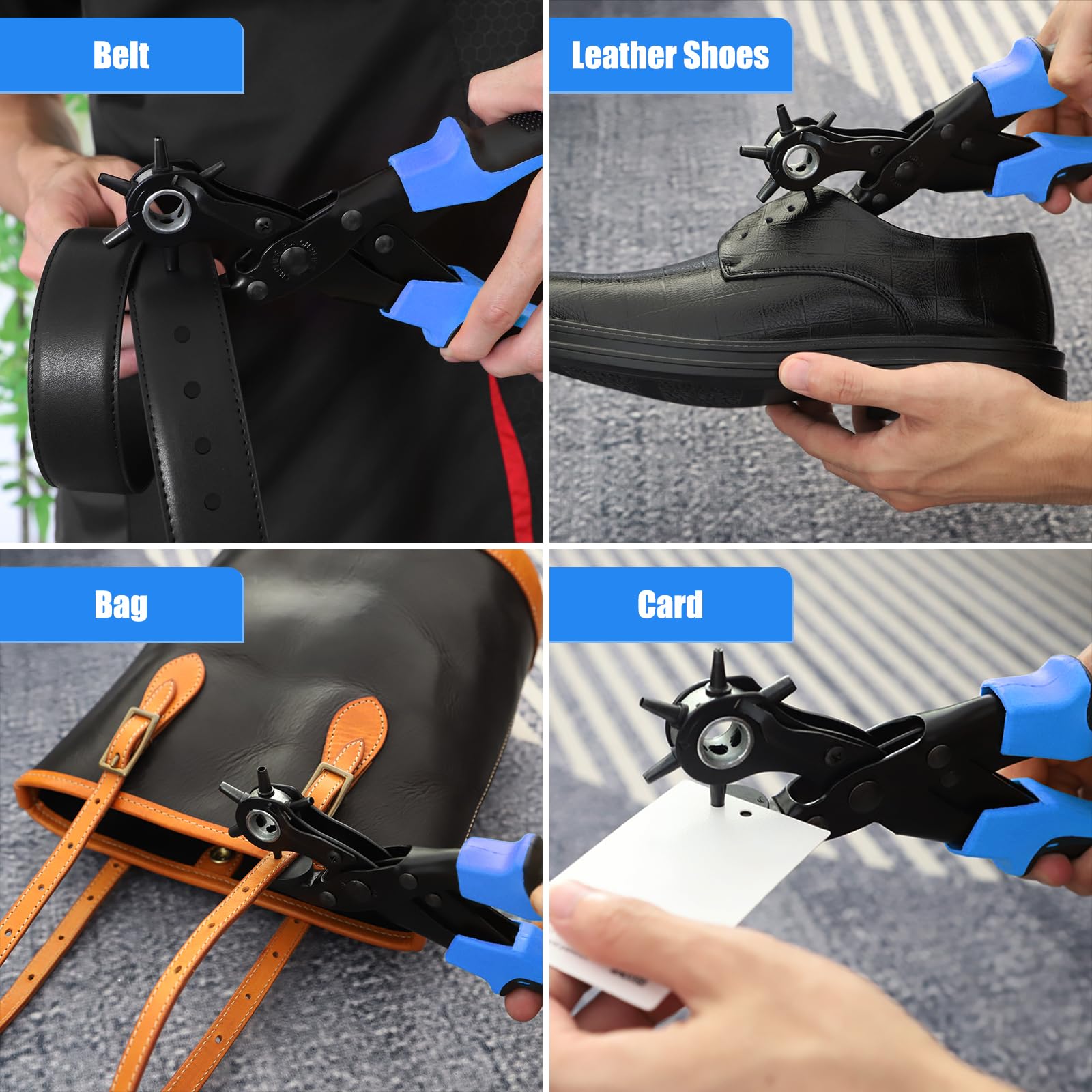 Diyife Professional Leather Hole Puncher, Full Set Punch Tool Kits for Belt, Watch Band, Shoe, Crafting, Handbag Straps, Fabric, with Extra Punch Plates and Ruler, Multi Hole Sizes Make - Blue