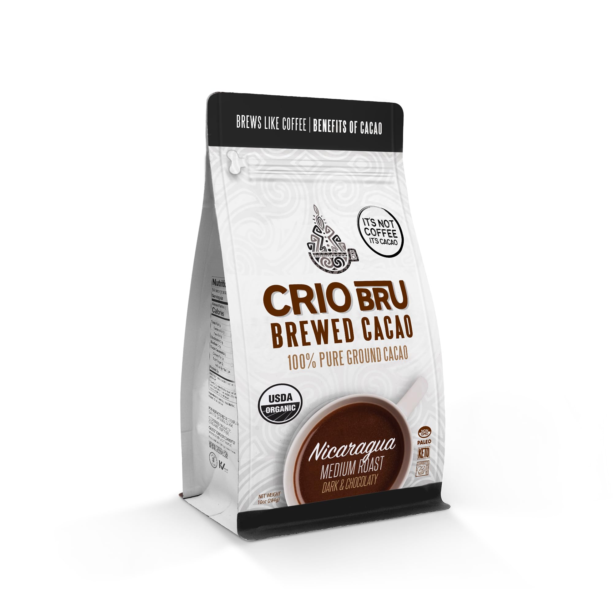 Crio Bru Brewed Cacao Nicaragua Medium Roast - Coffee Alternative Natural Healthy Drink | 100% Pure Ground Cacao Beans | 99.99% Caffeine Free, Keto, Low Carb, Paleo, Non-GMO, Organic (10ozFBM)