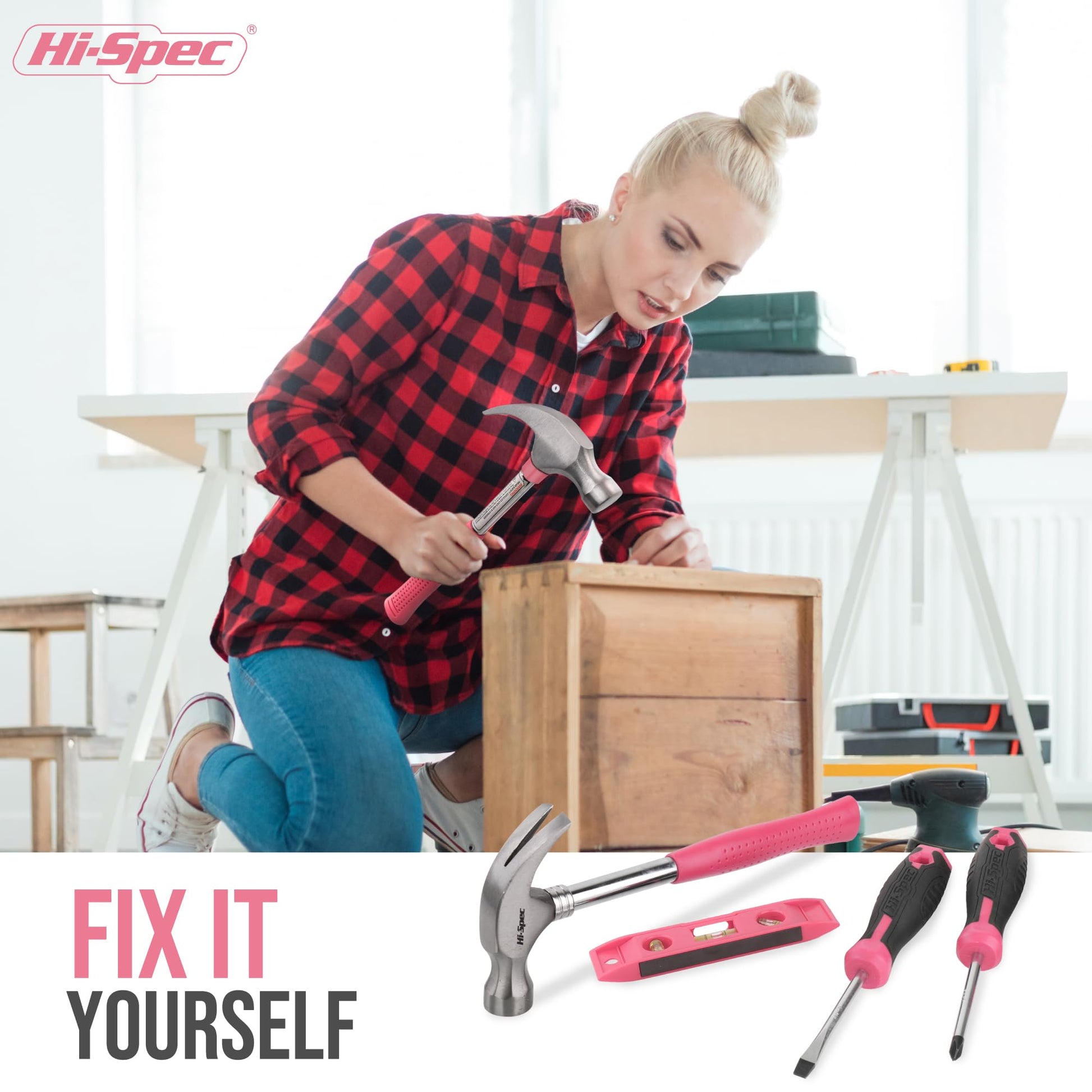 Hi-Spec 42pc Small Tool Box Set for Women. Home, Office and College Dorm Household DIY Screwdriver Toolkit of Starter Basic Ladies Pink Tools