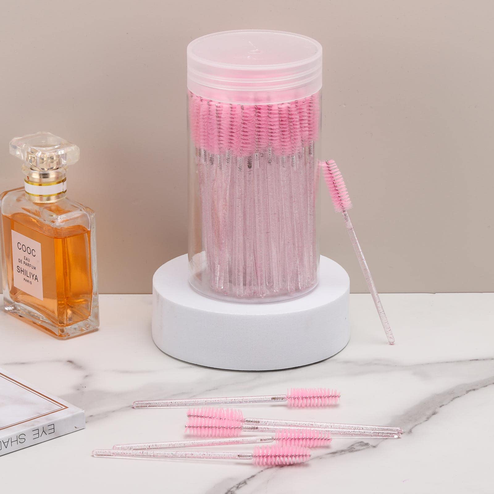 100 Pcs Disposable Mascara Wands, Crystal Eyebrow Spoolies Brush for Eyelash Extensions, Pink Lash Brushes with Container