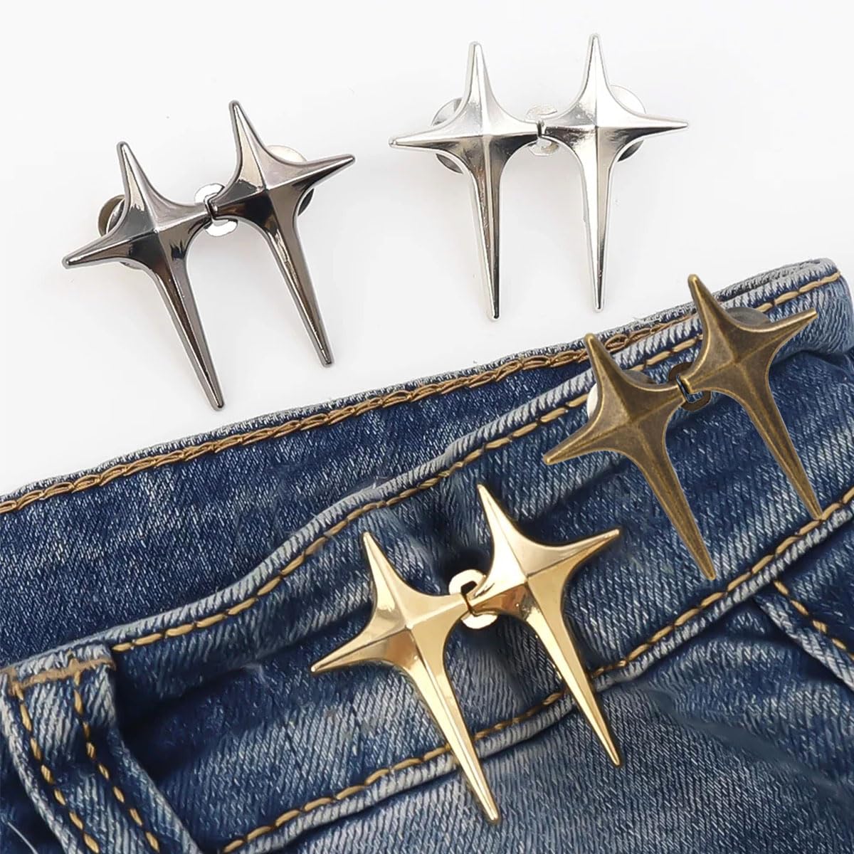8 Sets Adjustable Star Button Pant Waist Tightener, Adjustable Waist Buckle Sets No Sew and No Tools Detachable Decorative Waist Buckles, Jean Buttons Pins for Loose Jeans, Pants, Skirts, Sleeves
