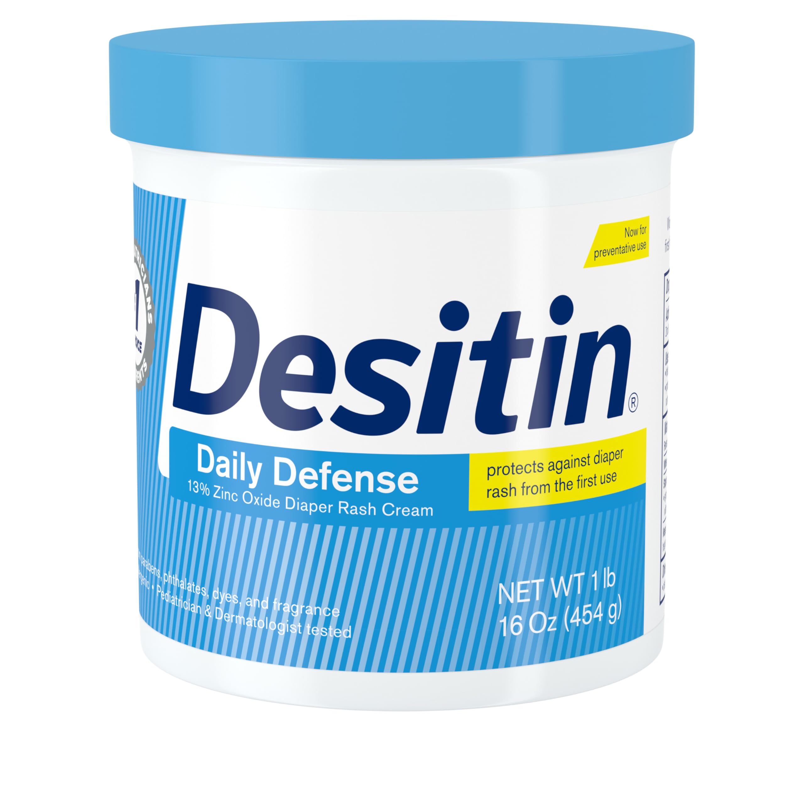 Desitin Daily Defense Baby Windelcreme mit 13 % Zinkoxid, Barrierecreme zur Behandlung, Linderung und Vorbeugung von Windelausschlag, hypoallergen, farbstoff-, phthalat- und parabenfrei, 453 g