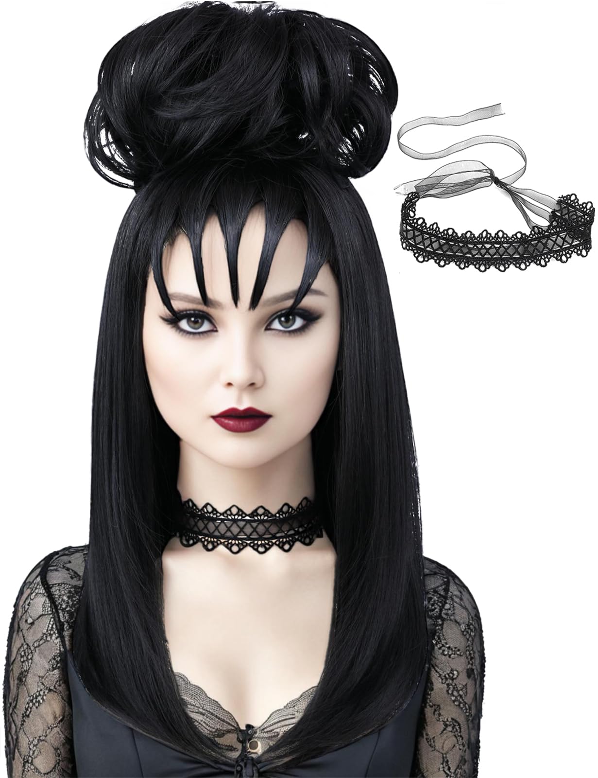 AMZCOS Short Black Cosplay Wig with Fluffy Curl Buns and Choker Accessories –Heat Resistant Synthetic Hair Straight Wigs with Bangs for Gothic Witch Costume