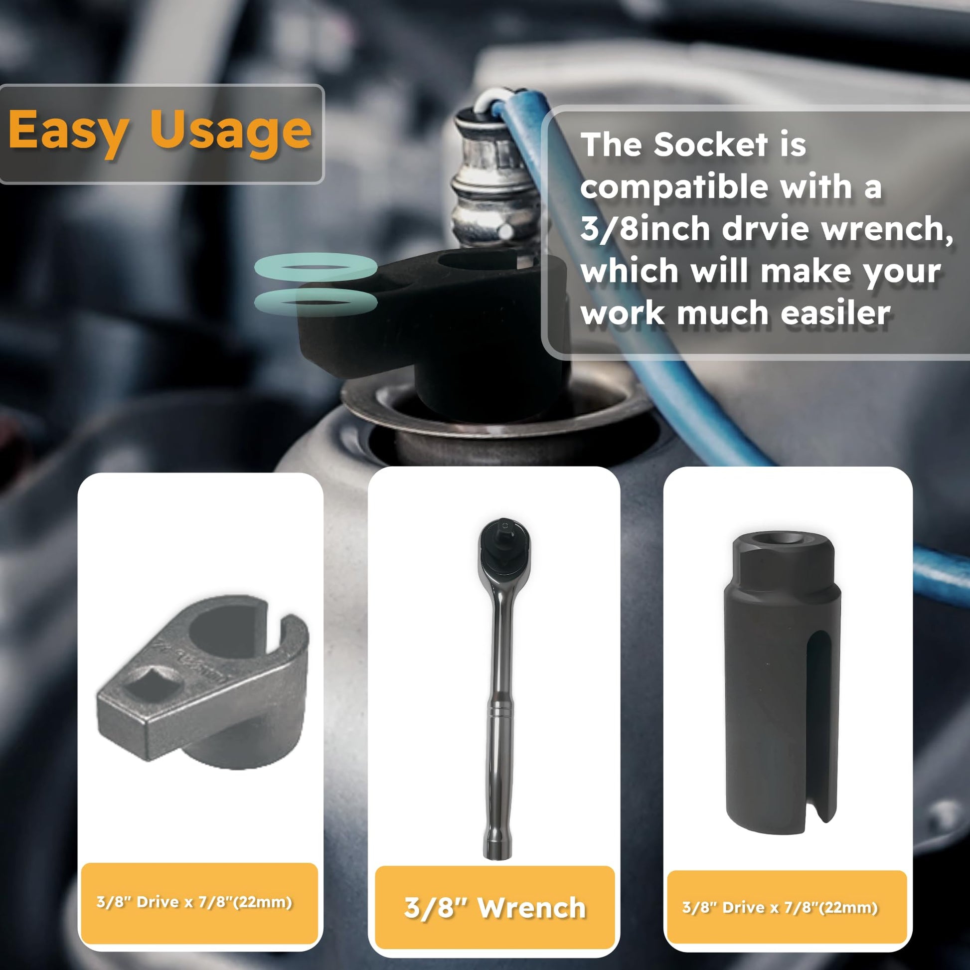 Oxygen Sensor Socket with Side Wire Cutout 3/8” Inch Drive x 7/8” (22mm) fits All Vehicle O2 Removal and Installation Offset Oxygen Sensor Socket
