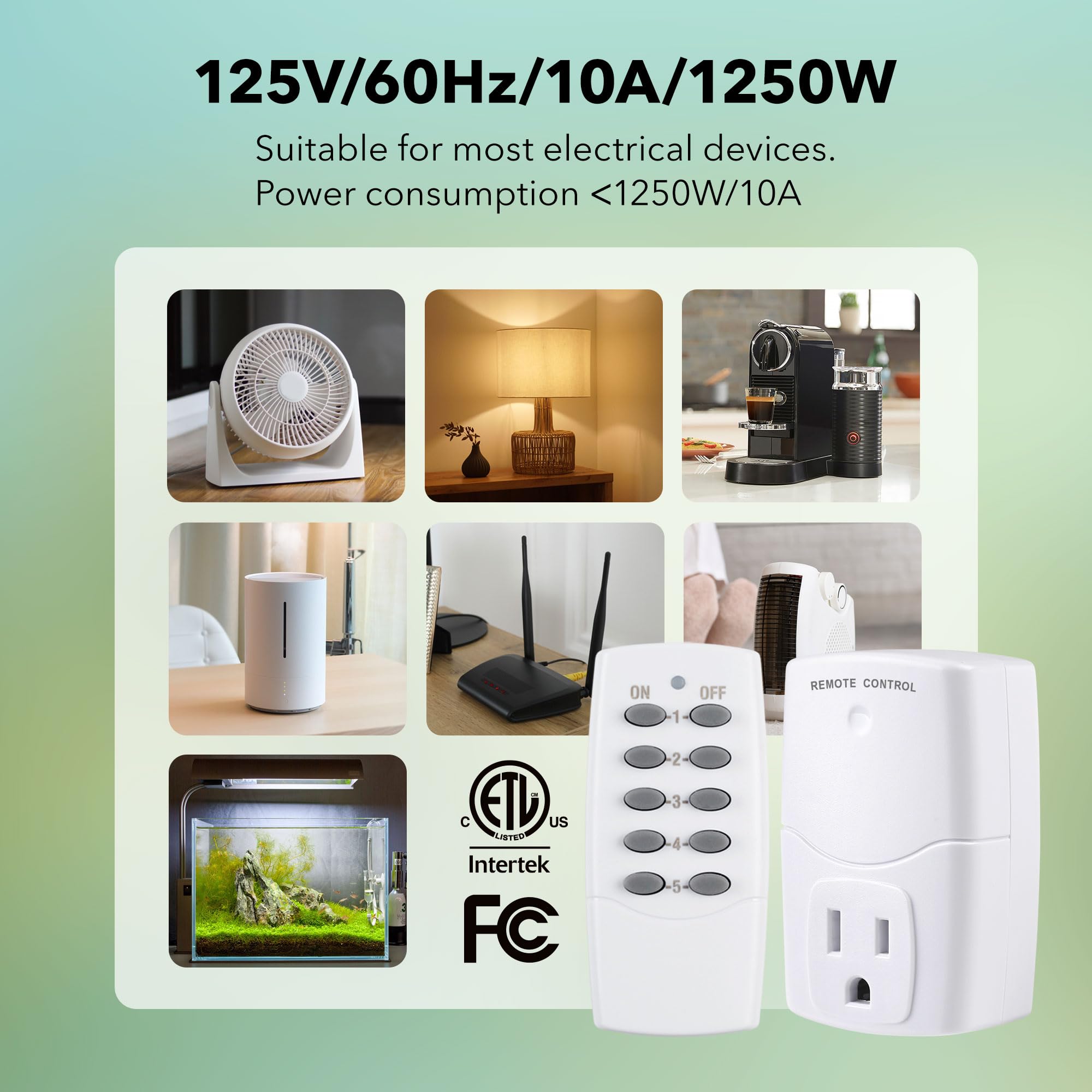 BN-LINK Mini Wireless Remote Control Outlet Switch Power Plug in for Household Appliances, Wireless Remote Light Switch, LED Light Bulbs, White (2 Remotes + 5 Outlets) 1250W/10A