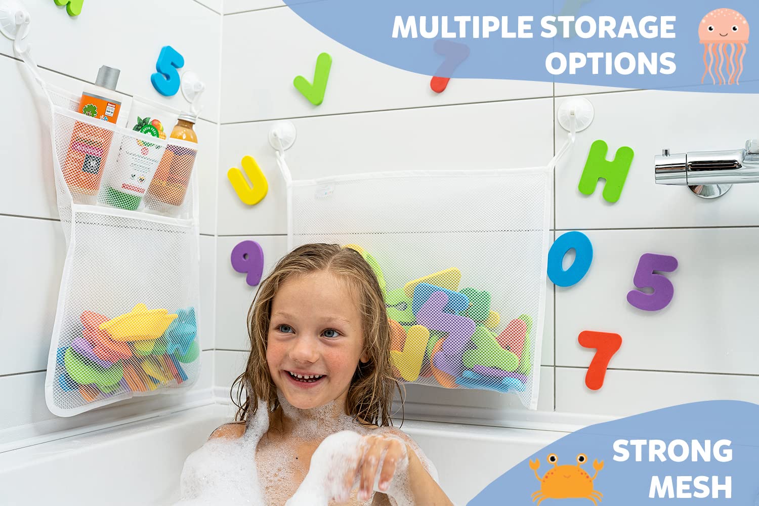 2 x Mesh Bath Toy Organizer + 8 Ultra Strong Hooks – The Perfect Bathtub Toy Holder & Bathroom or Shower Caddy – These Multi-use Net Bags Make Baby Bath Toy Storage Easy – For Kids & Toddlers