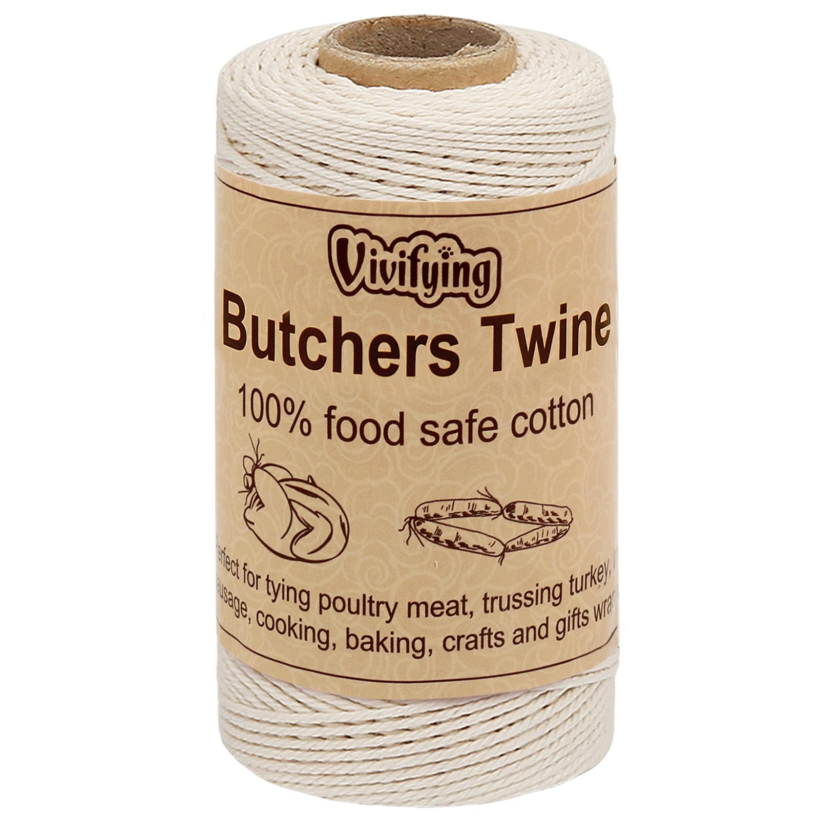 Vivifying Butchers Twine, 328 Feet 3Ply Cotton Bakers Twine, Food Safe Cooking String for Tying Meat, Making Sausage, Trussing Turkey, Roasting and Packing (Beige)