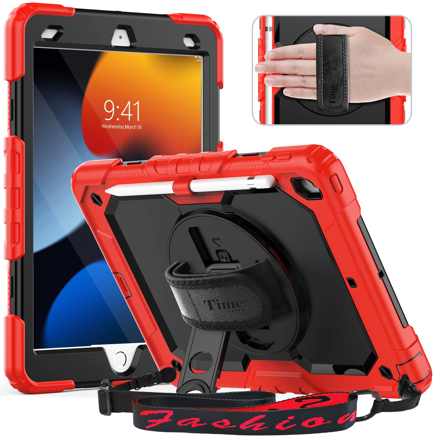Timecity Case for iPad 9th/ 8th/ 7th Generation 10.2 inch (Case for iPad 9/8/ 7 Gen): with Strong Protection, Screen Protector, Hand/Shoulder Strap, Rotating Stand, Pencil Holder - Orange