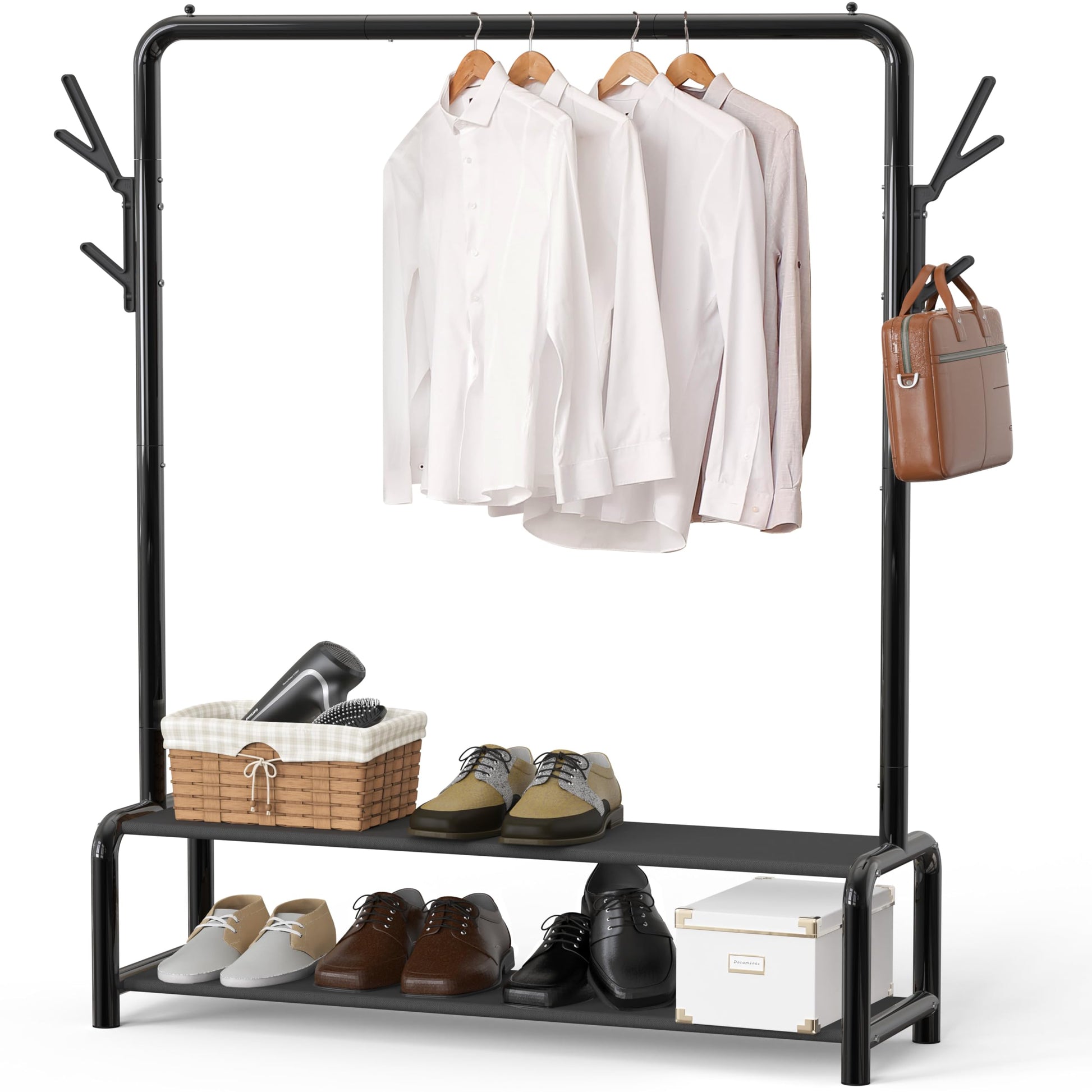 Simple Houseware 52-Inch Freestanding Closet Garment Rack with Storage Shelves and Coat/Hat Hooks, Black