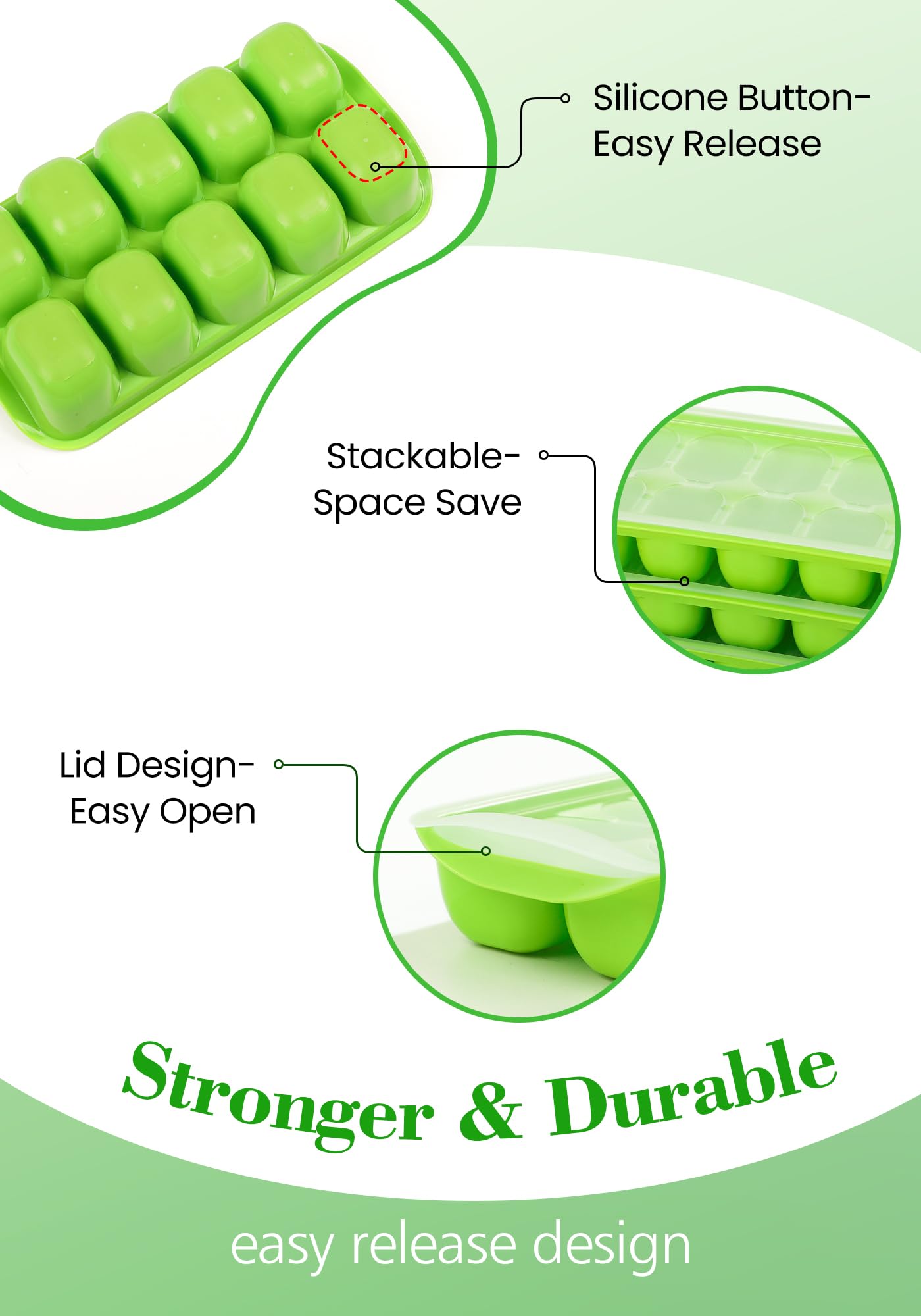 DOQAUS Ice Cube Tray with Lid and Bin, 4 Pack Easy Pop Out Silicone Ices Cubes Trays for Freezer with Cover, Stackable Compact Ice Bucket Kits, for Soup, Food, Cocktail, Coffee