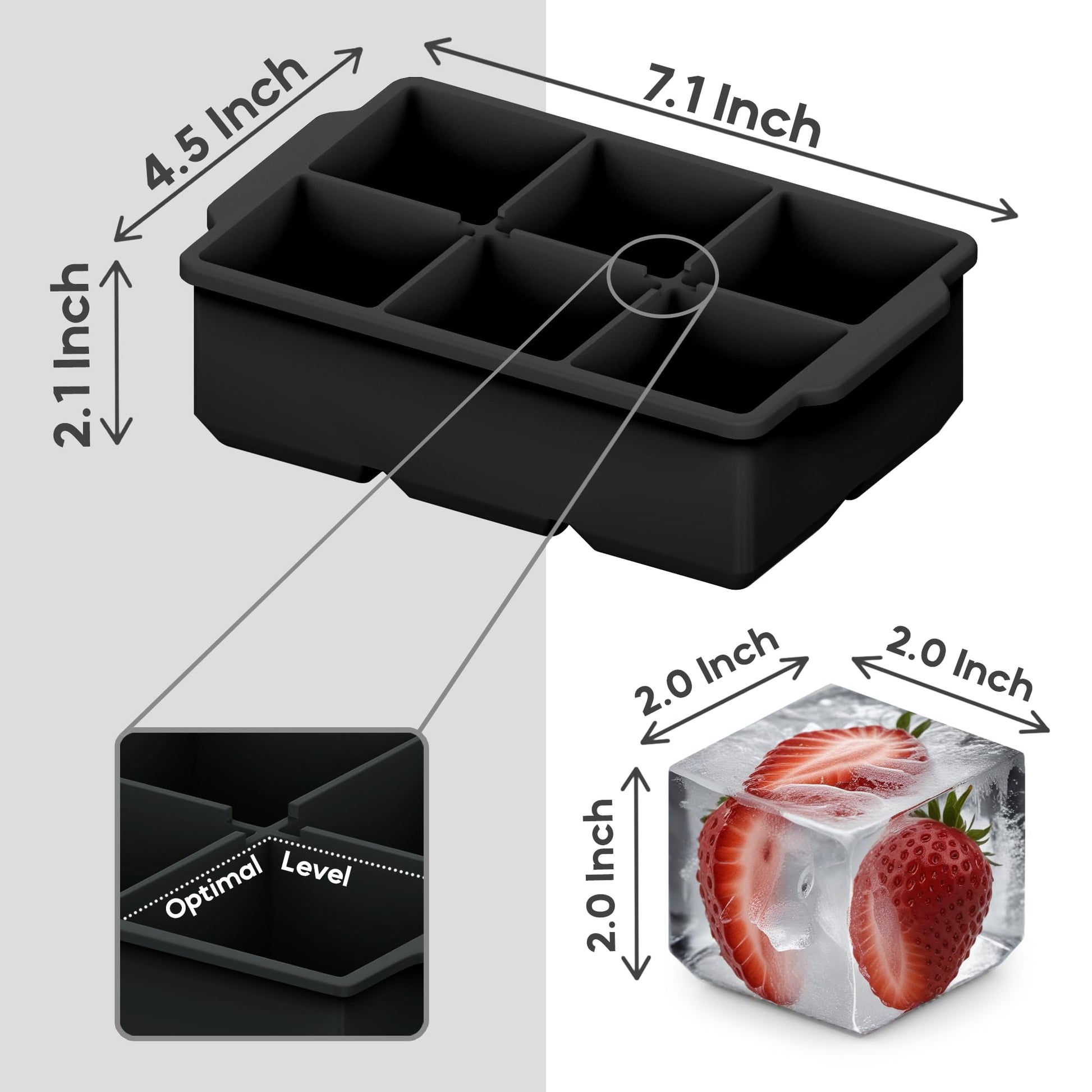 KitchFort Large Silicone Ice Cube Tray (2-Pack), Easy Release 2" Big Ice Cubes - Cocktail, Whiskey Ice Cubes Mold - BPA Free Ice Trays for Freezer - Ice Tray With Stackable Lid - Black