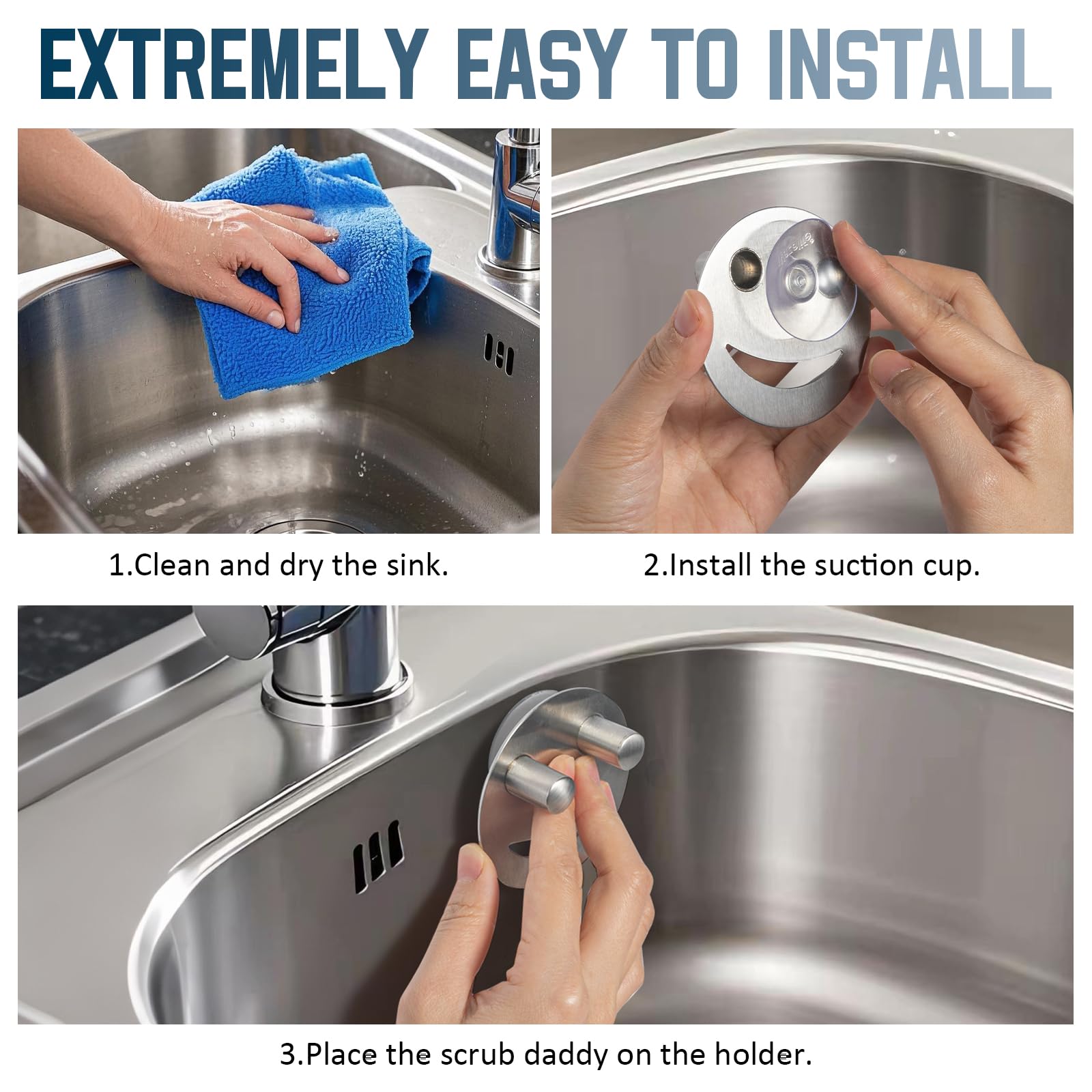 Yoshiky Stainless Steel Smiley Face Dish Sponge Holder, Silver Sink Caddy Organizer Storage with Suction Cup for Kitchen, Rv Apartment Kitchen Accessories Decor Scrubber