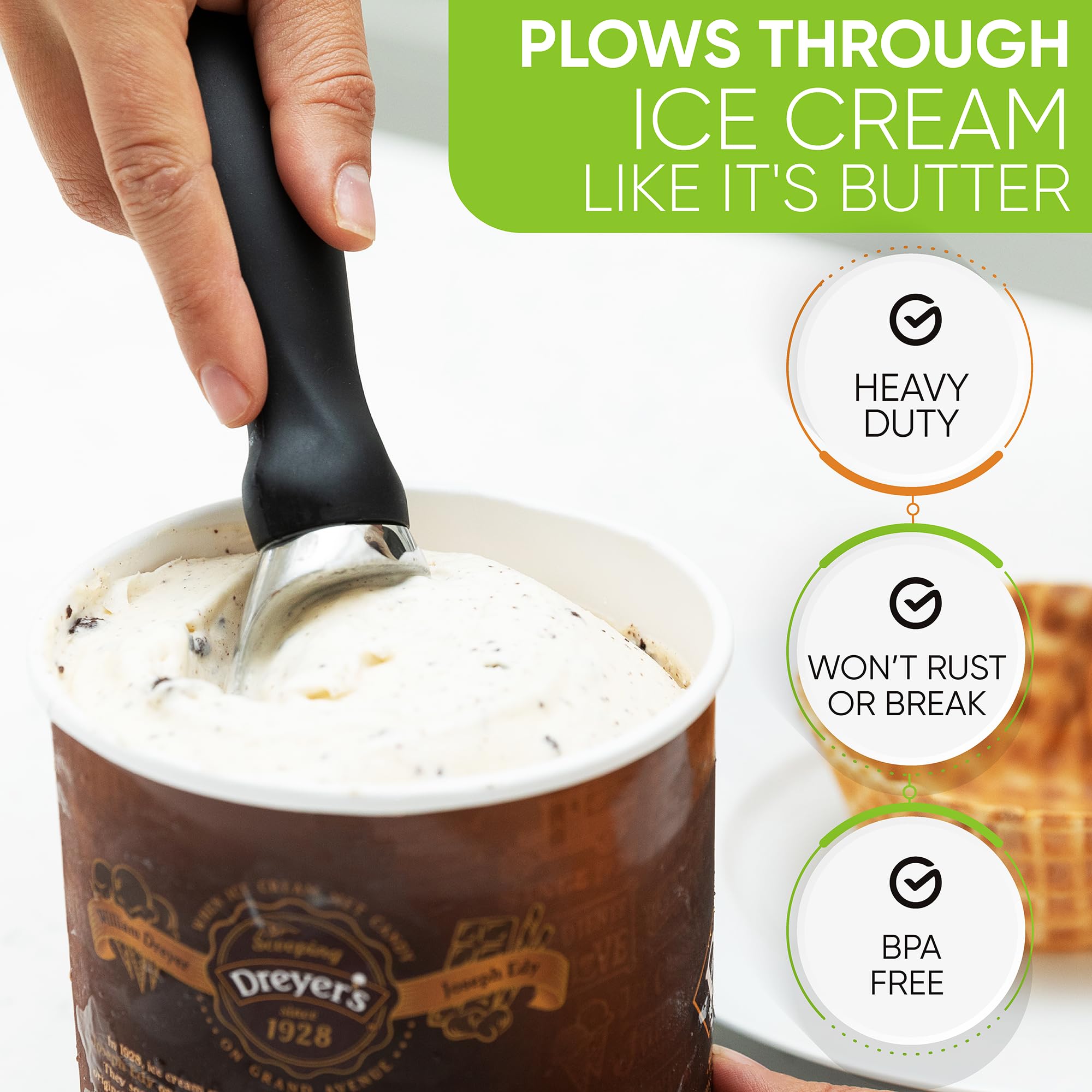 Spring Chef Heavy Duty Ice Cream Scoop with Comfortable Handle - Professional Ice Cream Scooper for Gelato, Sorbet, Cookie Dough, Melon, Frozen Yogurt - Dishwasher Safe Metal Kitchen Tool - Black