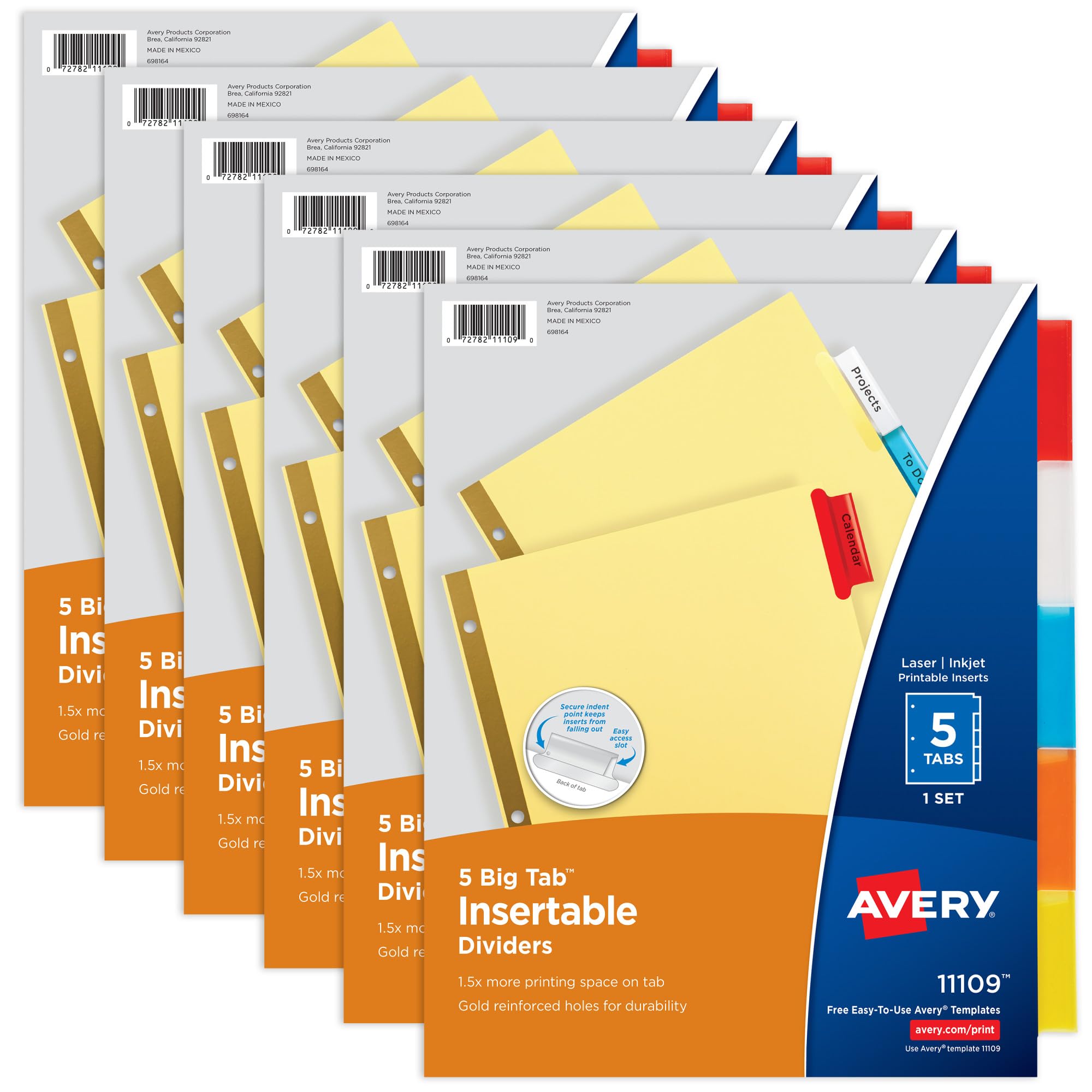 Avery Registerblätter – 5-teilig, beschriftbar, extrabreit, farbig, für Ordner, 6 Sets (11109)