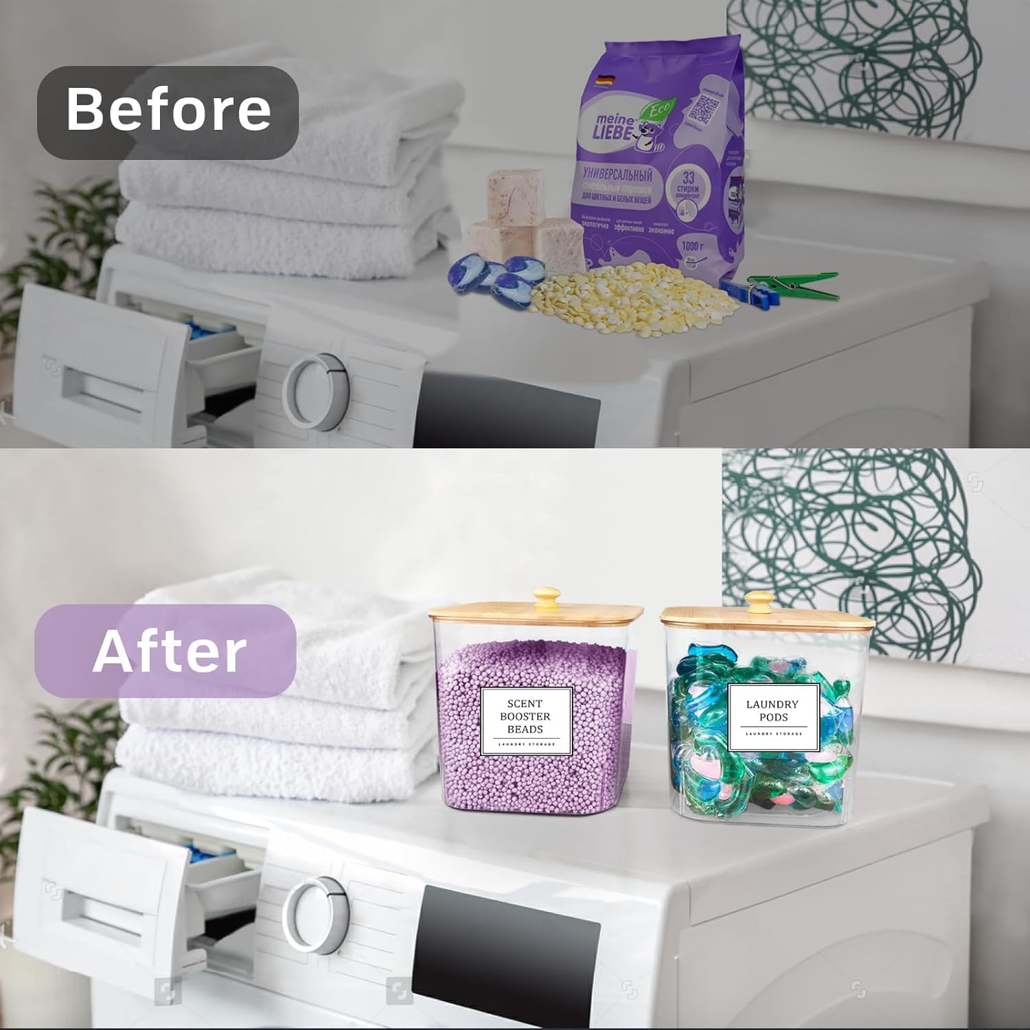 3+1 Pack Laundry Pods Container,Clear Laundry Room Organization Containers,Large Laundry Detergent Powder Storage Containers with Wooden Lids & Labels,Laundry Pods Holder for Scent Booster,Powder,Pods